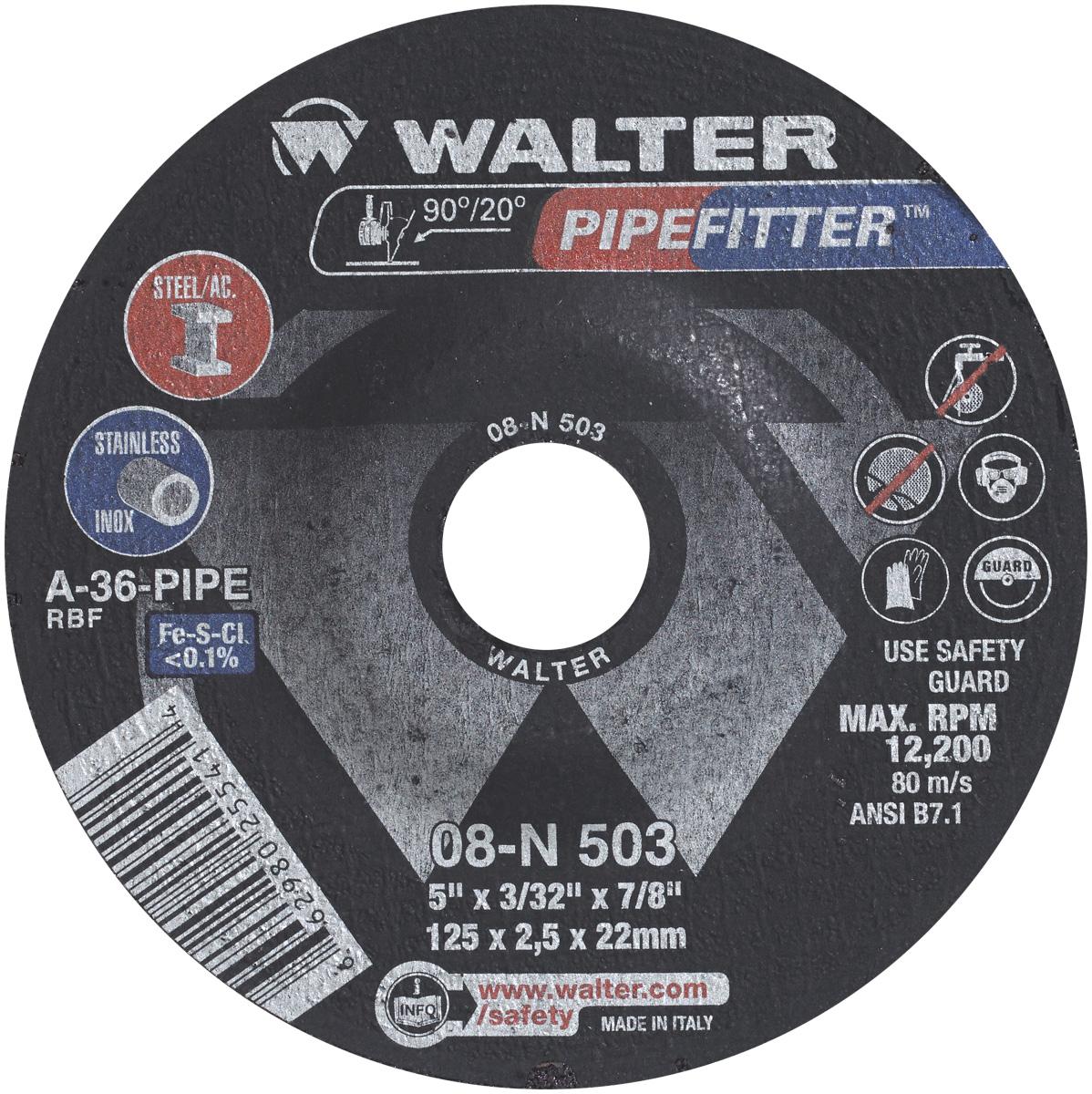 Walter Surface Technologies PIPEFITTER&trade; 08N503 Depressed Center Wheel, 5 in Dia x 3/32 in THK, 7/8 in Center Hole, 36 Grit, Aluminum Oxide Abrasive