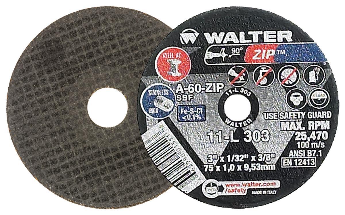 Walter Surface Technologies Zip&trade; 11L303 Zip&trade; Type 1 Cut-Off Wheel, 3 in Dia x 1/32 in THK, 3/8 in Center Hole, A-60-ZIP Grit, Aluminum Oxide Abrasive