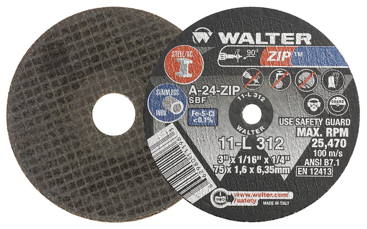 Walter Surface Technologies Zip&trade; 11L312 Zip&trade; Type 1 Cut-Off Wheel, 3 in Dia x 1/16 in THK, 1/4 in Center Hole, A-24-ZIP Grit, Aluminum Oxide Abrasive