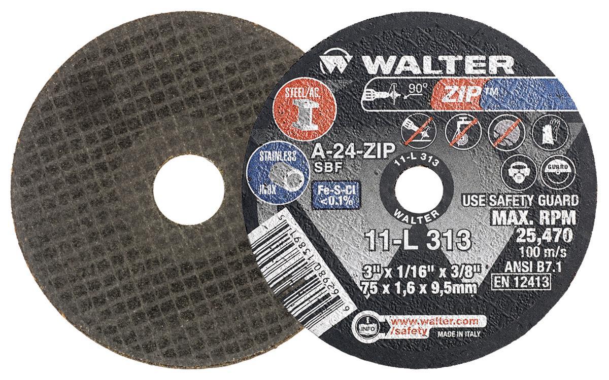Walter Surface Technologies Zip&trade; 11L313 Zip&trade; Type 1 Cut-Off Wheel, 3 in Dia x 1/16 in THK, 3/8 in Center Hole, A-24-ZIP Grit, Aluminum Oxide Abrasive