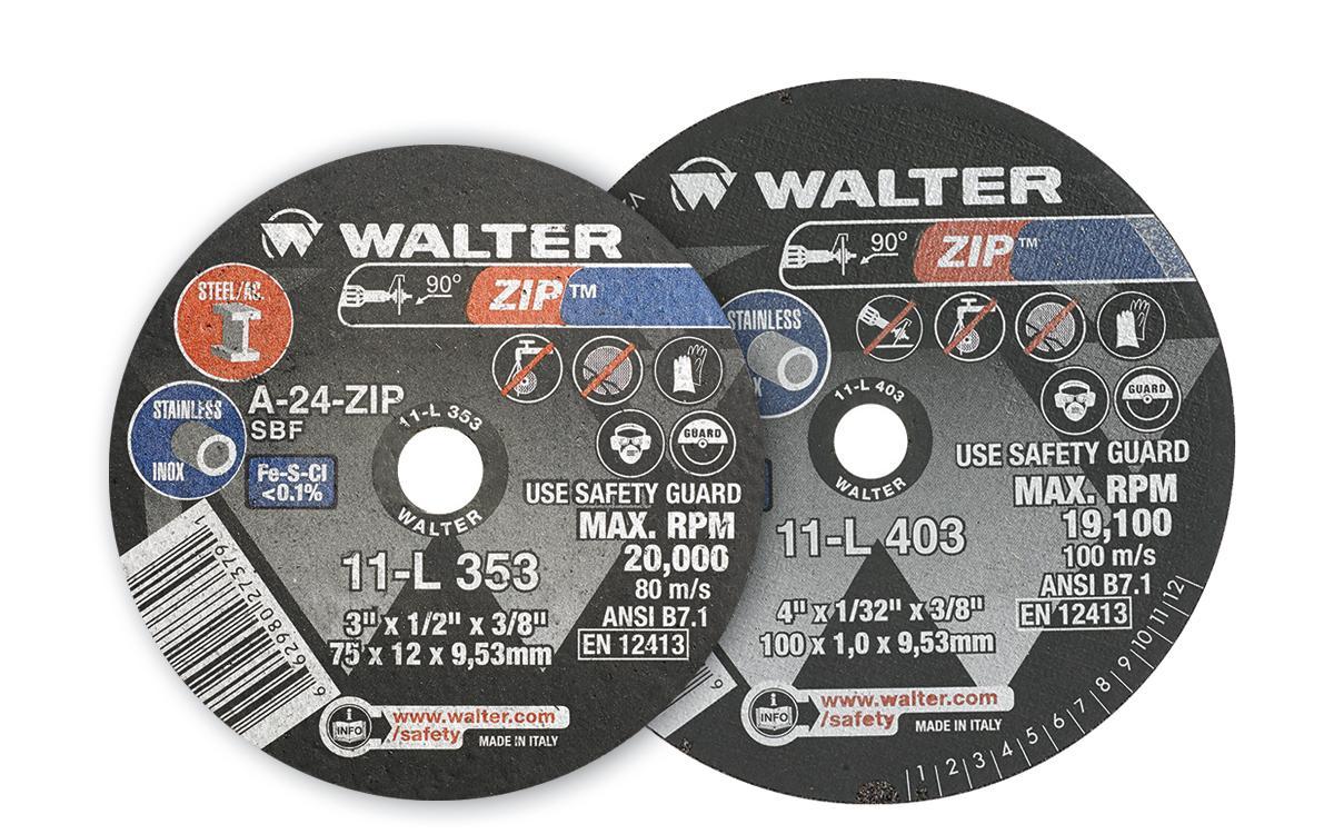 Walter Surface Technologies Zip&trade; 11L323 Zip&trade; Type 1 Cut-Off Wheel, 3 in Dia x 1/8 in THK, 3/8 in Center Hole, A-24-ZIP Grit, Aluminum Oxide Abrasive