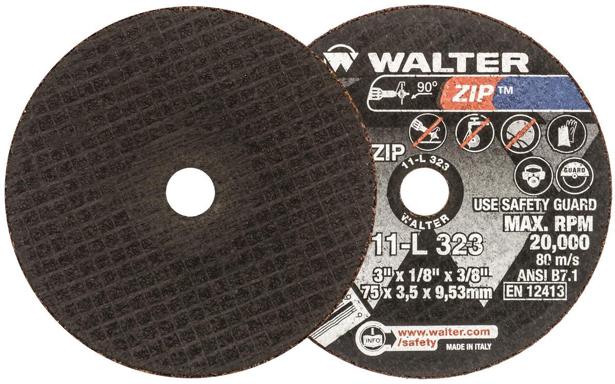 Walter Surface Technologies Zip&trade; 11L323 Zip&trade; Type 1 Cut-Off Wheel, 3 in Dia x 1/8 in THK, 3/8 in Center Hole, A-24-ZIP Grit, Aluminum Oxide Abrasive