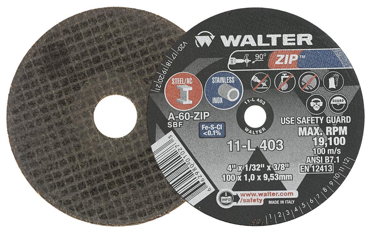 Walter Surface Technologies Zip&trade; 11L403 Zip&trade; Type 1 Cut-Off Wheel, 4 in Dia x 1/32 in THK, 3/8 in Center Hole, A-60-ZIP Grit, Aluminum Oxide Abrasive