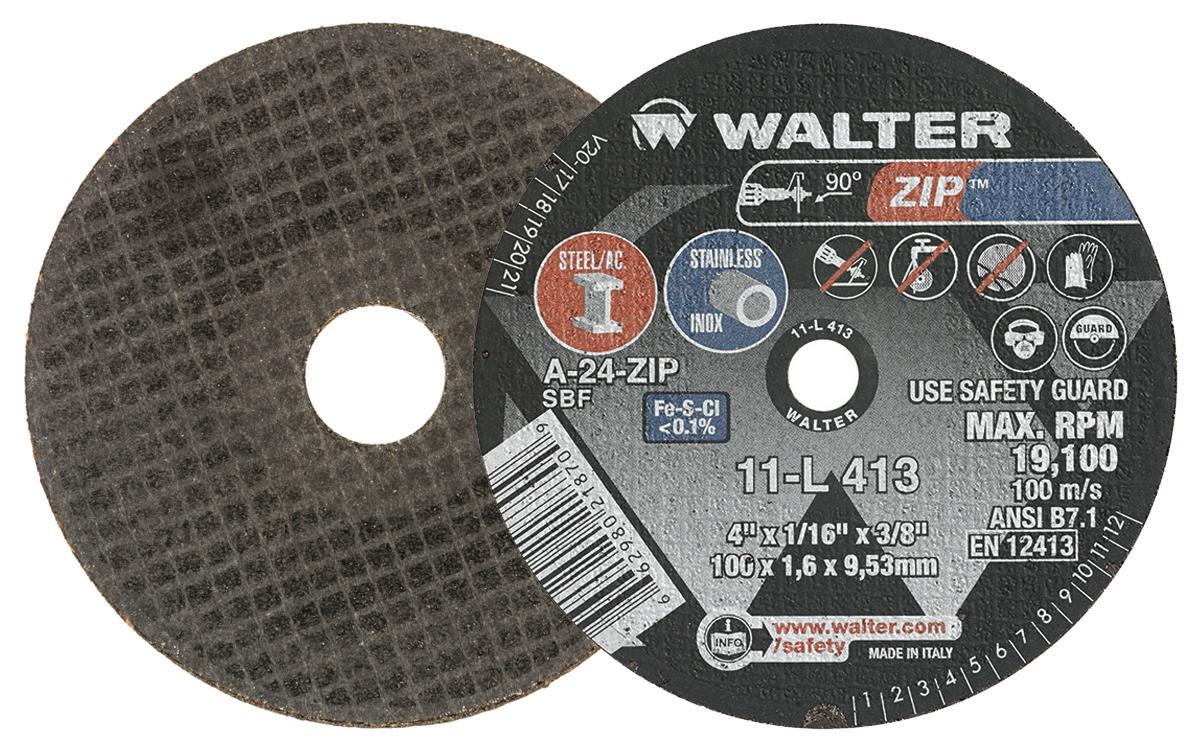 Walter Surface Technologies Zip&trade; 11L413 Zip&trade; Type 1 Cut-Off Wheel, 4 in Dia x 1/16 in THK, 3/8 in Center Hole, A-24-ZIP Grit, Aluminum Oxide Abrasive