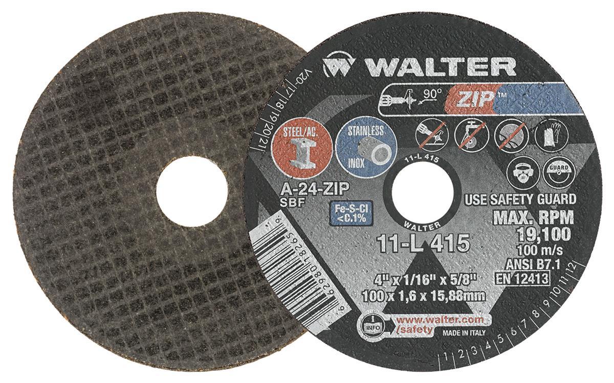 Walter Surface Technologies Zip&trade; 11L415 Zip&trade; Type 1 Cut-Off Wheel, 4 in Dia x 1/16 in THK, 5/8 in Center Hole, A-24-ZIP Grit, Aluminum Oxide Abrasive