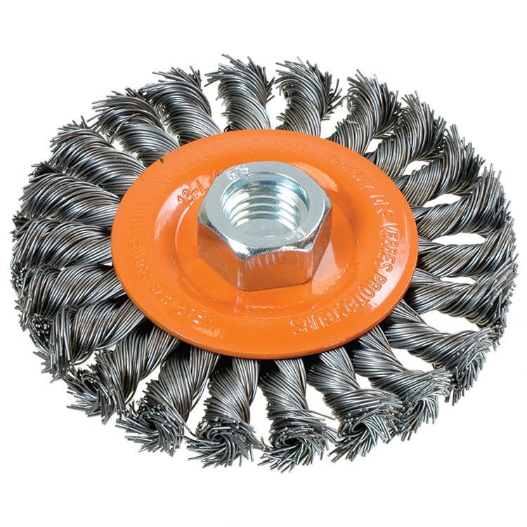 Walter Surface Technologies 13L404 Wide Face Wheel Brush, 4 in Dia Brush, 1/4 in W Face, 0.02 in Dia Full Cable Twist Knot Filament/Wire, 5/8-11 Arbor Hole