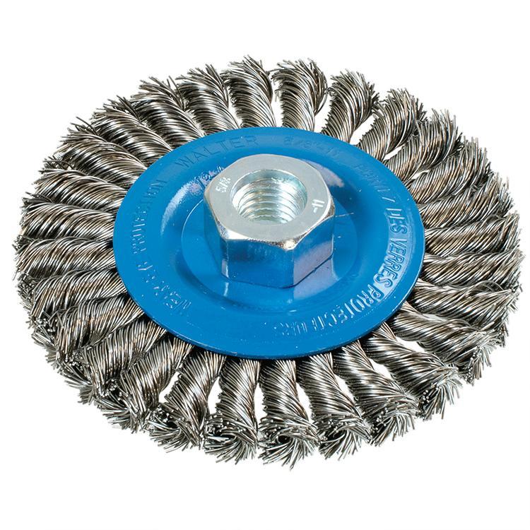 Walter Surface Technologies 13L464 Wide Face Wheel Brush, 4-1/2 in Dia Brush, 1/4 in W Face, 0.02 in Dia Full Cable Twist Knot Filament/Wire, 5/8-11 Arbor Hole