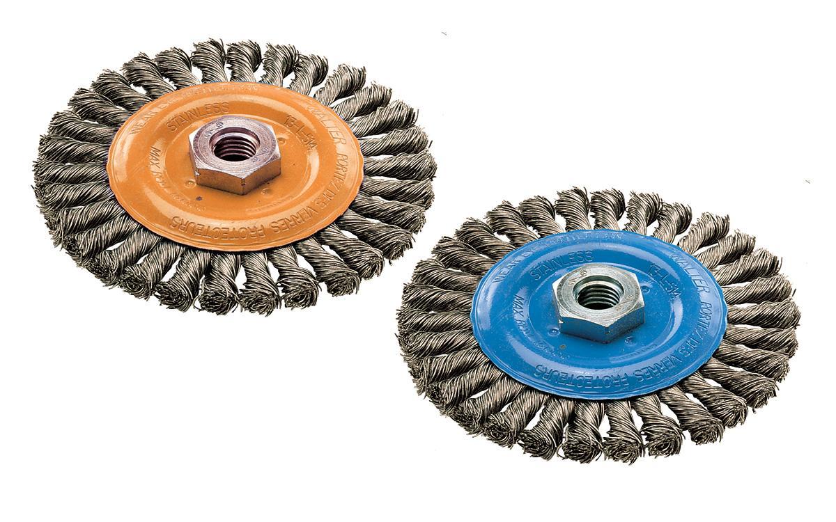 Walter Surface Technologies 13L404 Wide Face Wheel Brush, 4 in Dia Brush, 1/4 in W Face, 0.02 in Dia Full Cable Twist Knot Filament/Wire, 5/8-11 Arbor Hole