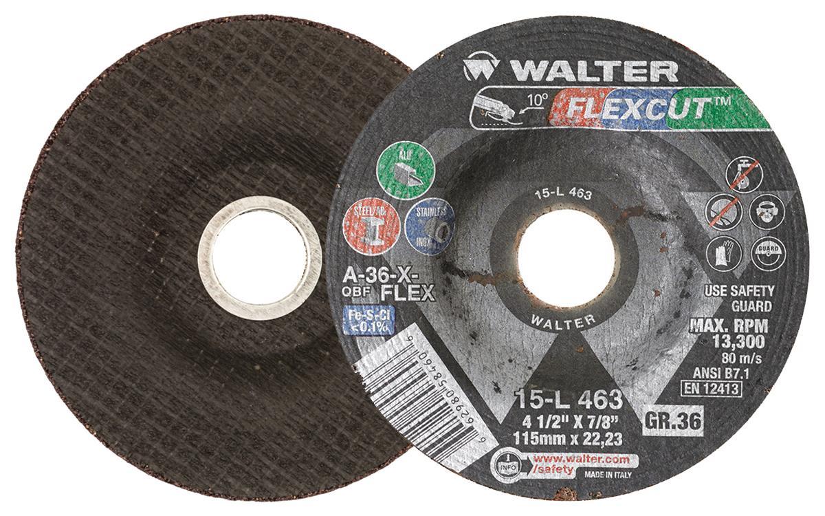 Walter Surface Technologies 15L463 Premium Performance FLEXCUT Depressed Center Wheel, 4-1/2 in Dia x 1/8 in THK, 7/8 in Center Hole, 36 Grit, Aluminum Oxide Abrasive