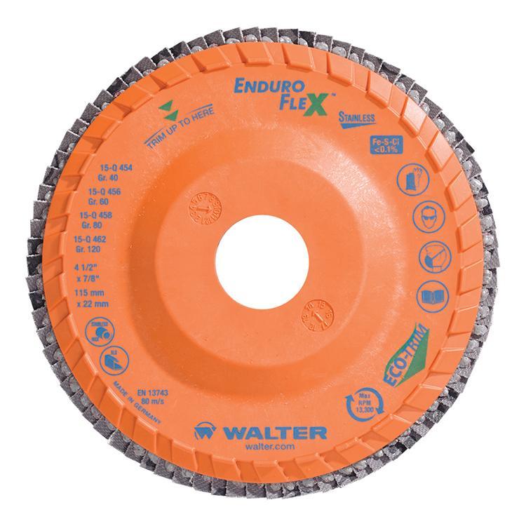 Walter Surface Technologies Enduro-Flex&trade; 15Q454 15-Q Close Standard Density Coated Flap Disc, 4-1/2 in Dia Disc, 7/8 in Center Hole, 40 Grit, Coarse Grade, Zirconia Alumina Abrasive, Type 27 Disc