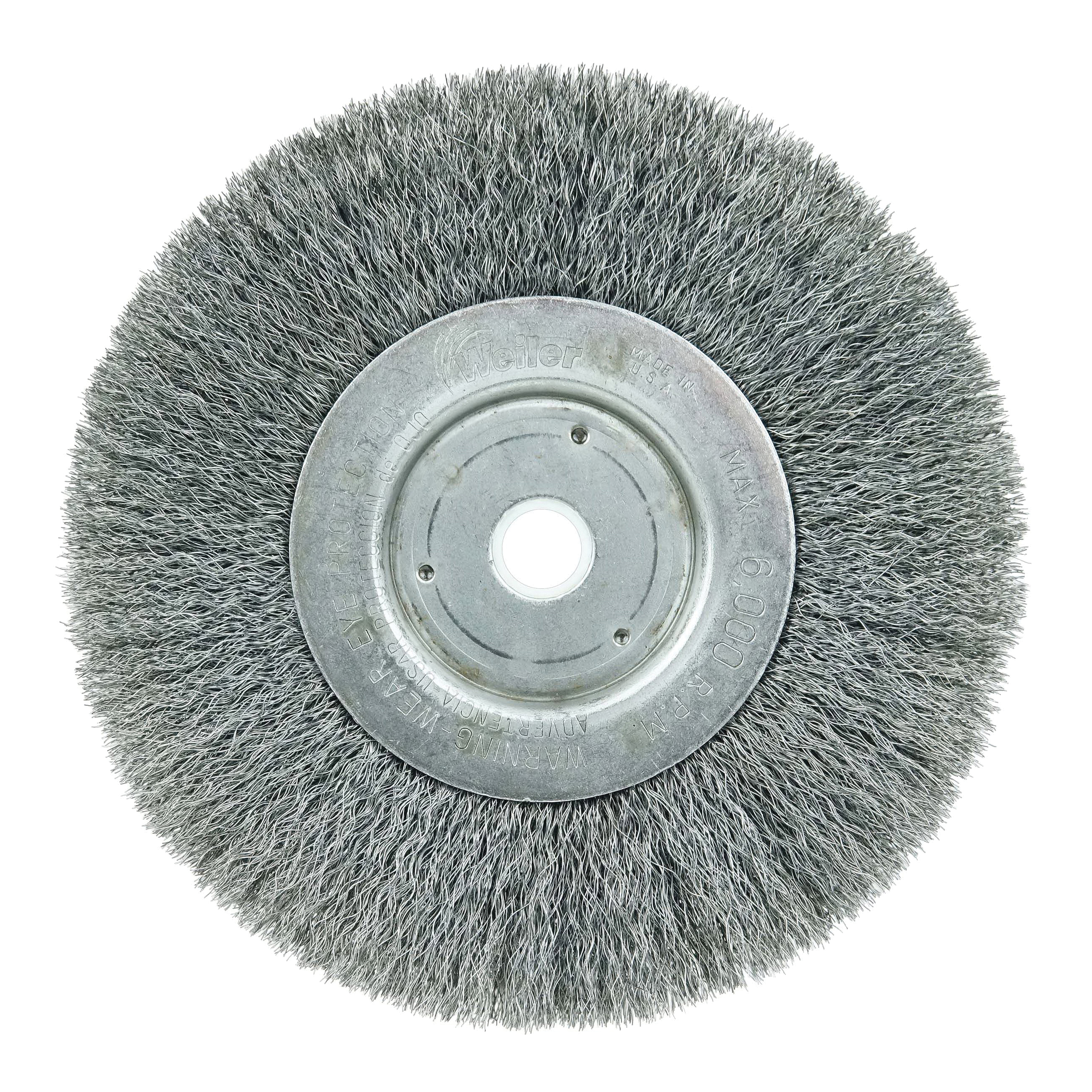 product Weiler® 01115 Narrow Face Wheel Brush, 6 in Dia Brush, 1/2 in W Face, 0.0104 in Dia Filament/Wire Crimped Filament/Wire, 1/2 to 5/8 in Arbor Hole