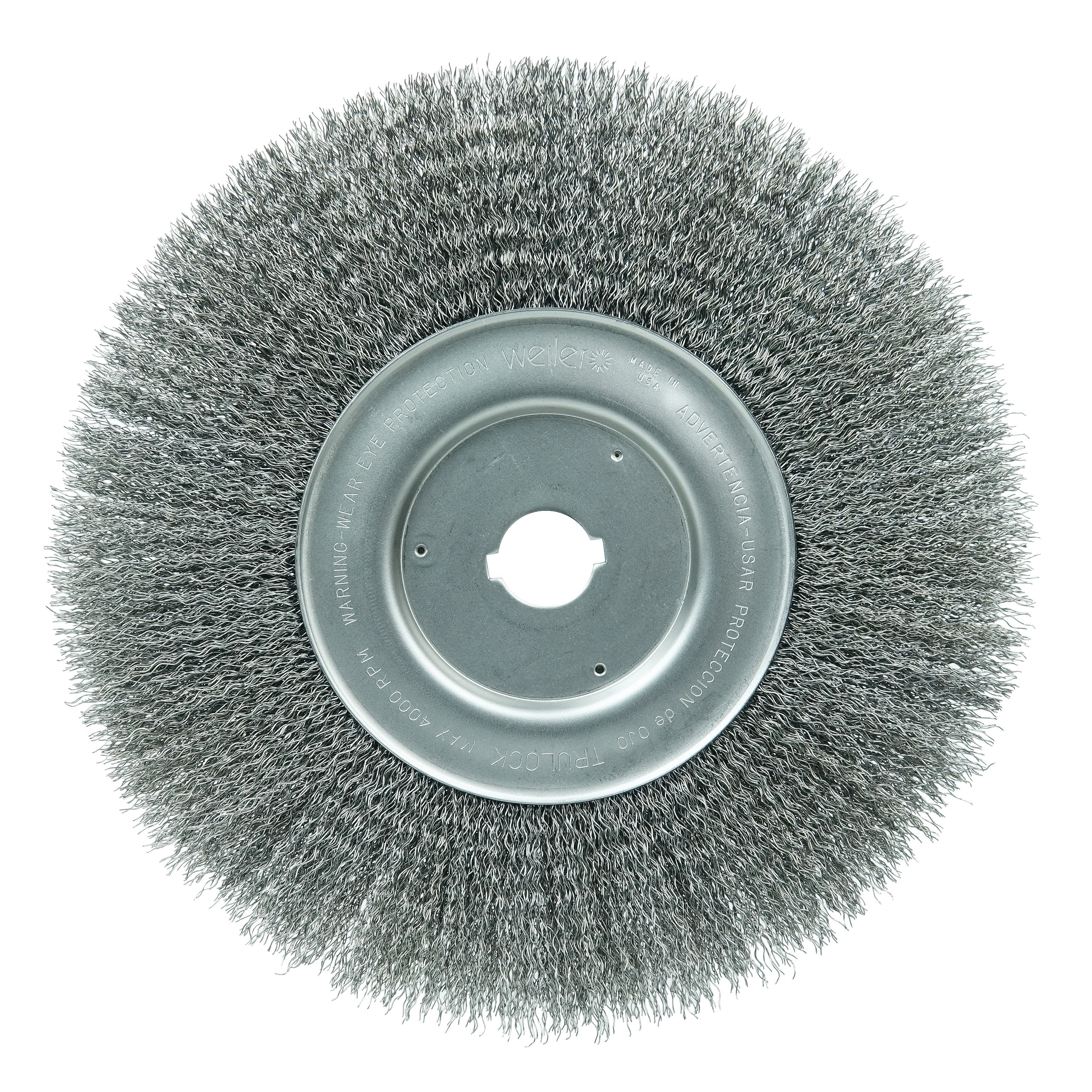 Weiler® 01178 Narrow Face Wheel Brush, 8 in Dia Brush, 3/4 in W Face, 0.014 in Dia Filament/Wire Crimped Filament/Wire, 3/4 in Arbor Hole