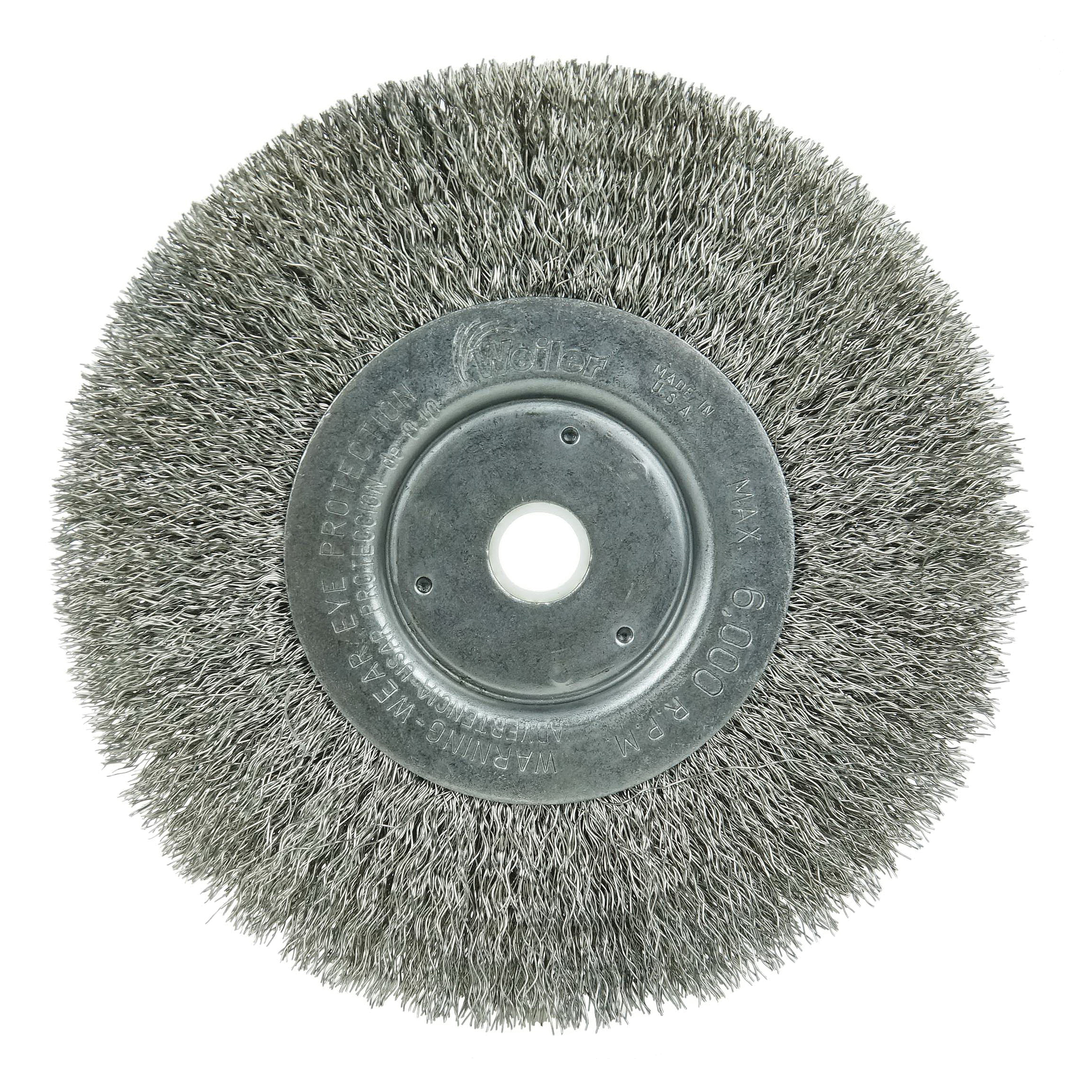 product Weiler® 01045 Narrow Face Wheel Brush, 6 in Dia Brush, 3/4 in W Face, 0.008 in Dia Filament/Wire Crimped Filament/Wire, 1/2 to 5/8 in Arbor Hole