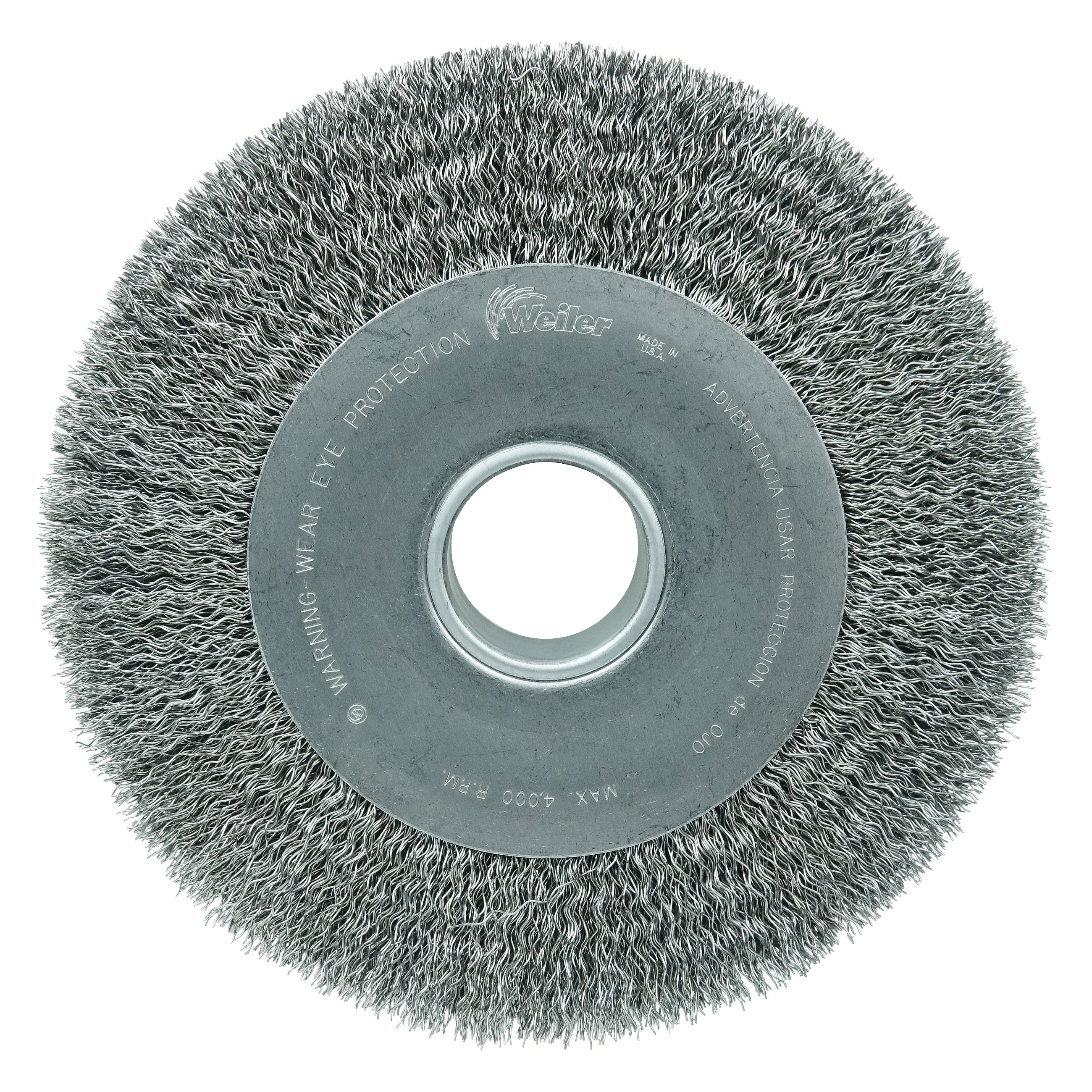Anderson Products 03063 DM Series Narrow Face Wheel Brush, 4 in Dia Brush, 3/8 in W Face, 0.006 in Dia Crimped Filament/Wire, 1/2 to 3/8 in Arbor Hole