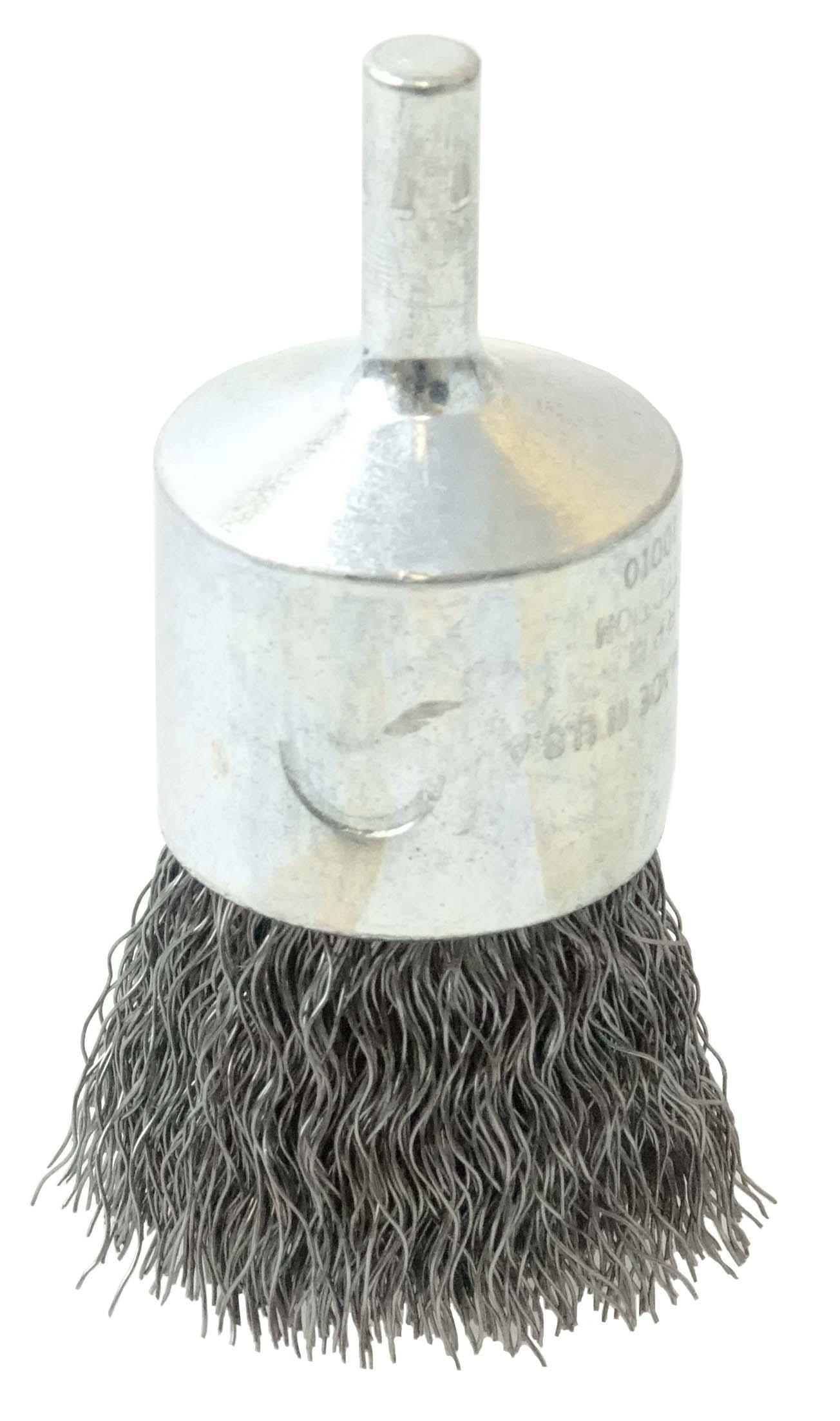 Weiler® 10017 Stem Mount End Brush, 3/4 in Dia Brush, Crimped, 0.006 in Dia Filament/Wire, Stainless Steel Fill, 7/8 in L Trim