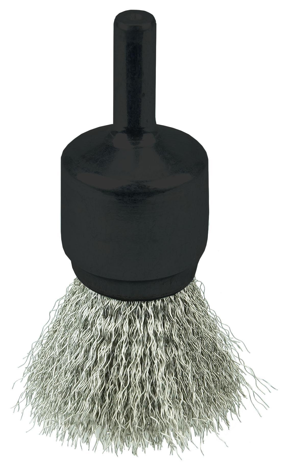 Weiler® 10013 Stem Mount End Brush, 1/2 in Dia Brush, Crimped, 0.006 in Dia Filament/Wire, Stainless Steel Fill, 7/8 in L Trim