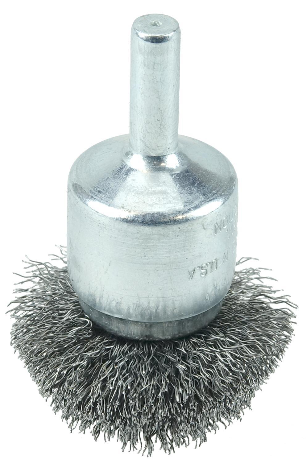 Weiler&reg; 11014 Stem Mount End Brush, 3/4 in Dia Brush, Crimped, 0.0104 in Dia Filament/Wire, Stainless Steel Fill, 7/8 in L Trim