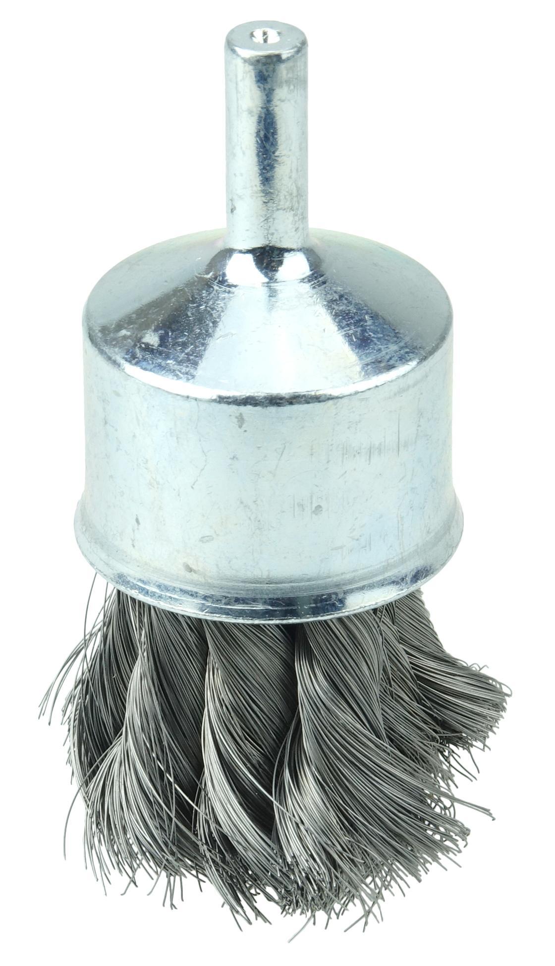 Weiler&reg; 11010 Stem Mount End Brush, 1/2 in Dia Brush, Crimped, 0.006 in Dia Filament/Wire, Stainless Steel Fill, 7/8 in L Trim