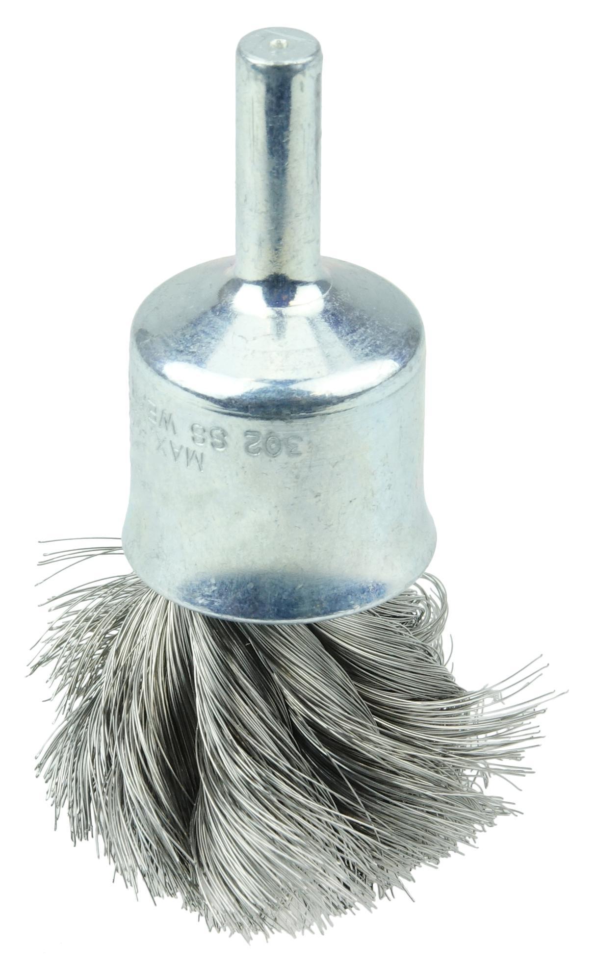 Weiler&reg; 10187 Stem Mount End Brush, 1-1/8 in Dia Brush, Knot, 0.0118 in Dia Filament/Wire, Steel Fill, 1-1/8 in L Trim