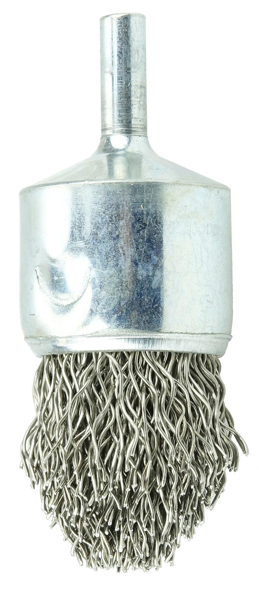 Weiler® 10322 Controlled Flare Stem Mount End Brush, 1 in Dia Brush, Crimped, 0.014 in Dia Filament/Wire, Stainless Steel Fill, 1 in L Trim