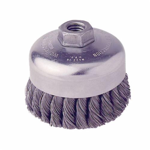Weiler® 12306 Single Row Cup Brush, 4 in Dia Brush, 5/8-11 UNC Arbor Hole, 0.014 in Dia Filament/Wire, Standard/Twist Knot, Steel Fill