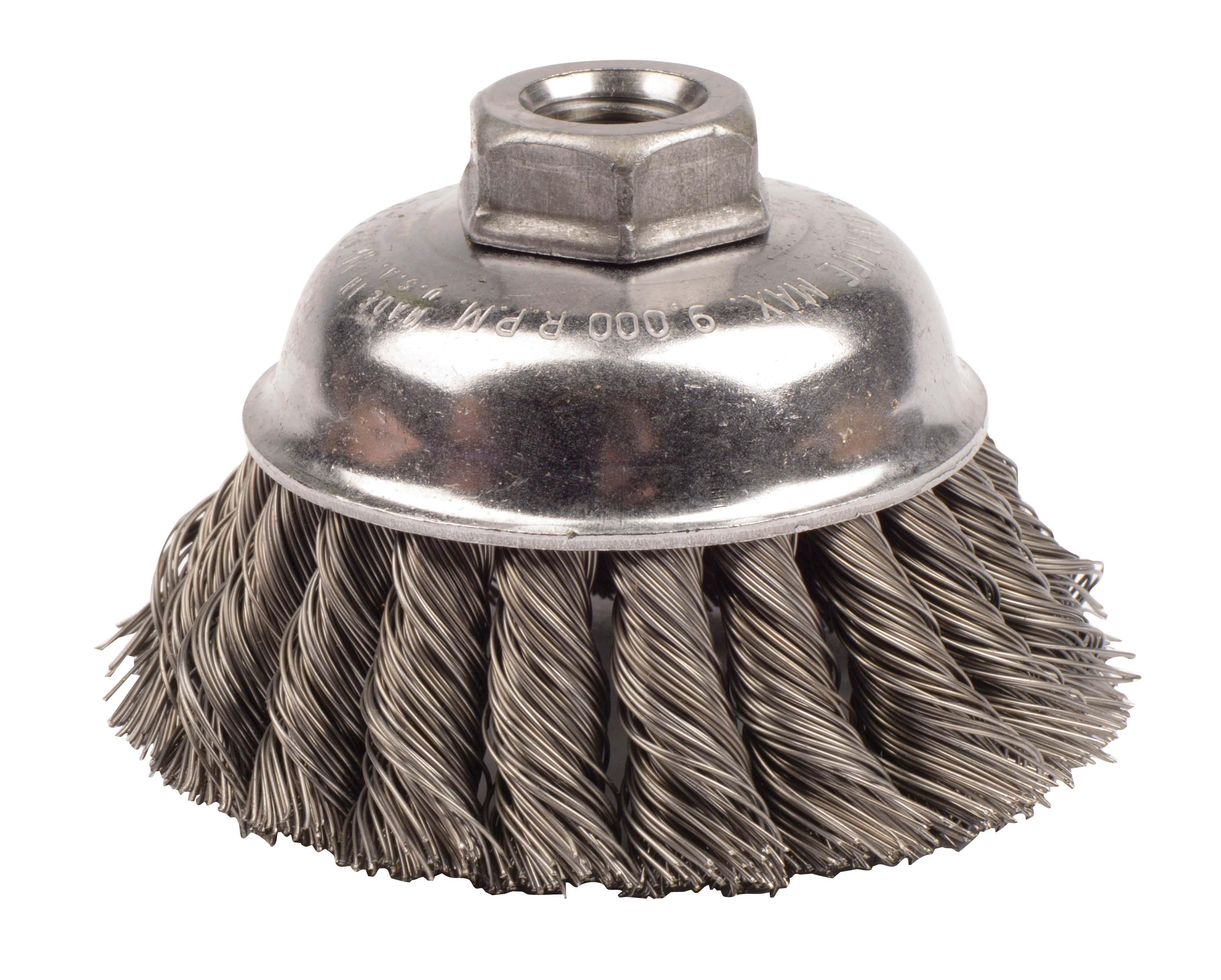 Weiler&reg; 12756 Double Row Cup Brush, 4 in Dia Brush, 5/8-11 Arbor Hole, 0.014 in Dia Filament/Wire, Standard/Twist Knot, Steel Fill