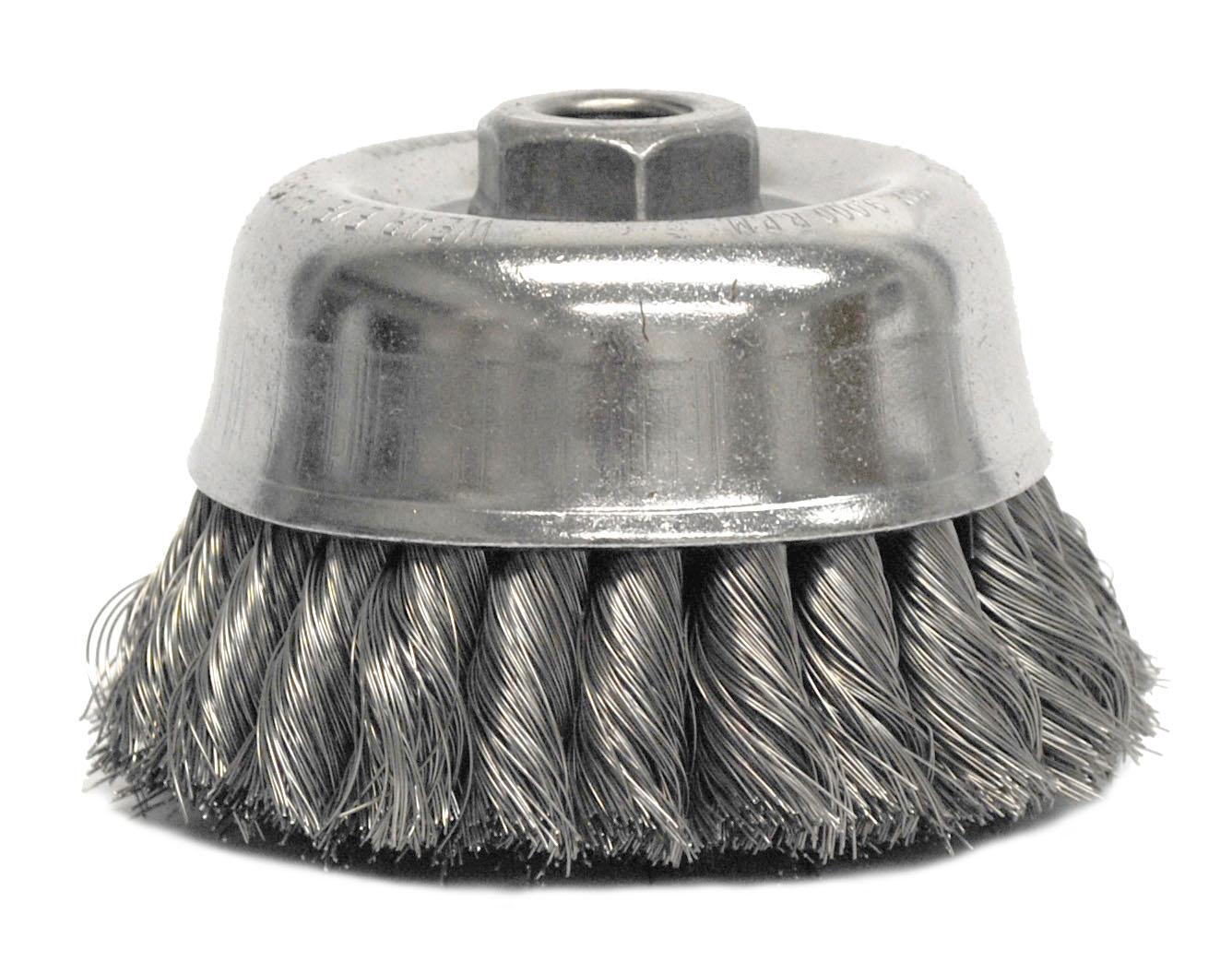 PFERD 79182523 External Nut Single Row Cup Brush, 4 in Dia Brush, 5/8-11 Arbor Hole, 0.023 in Dia Filament/Wire, Standard/Twist Knot, Carbon Steel Fill