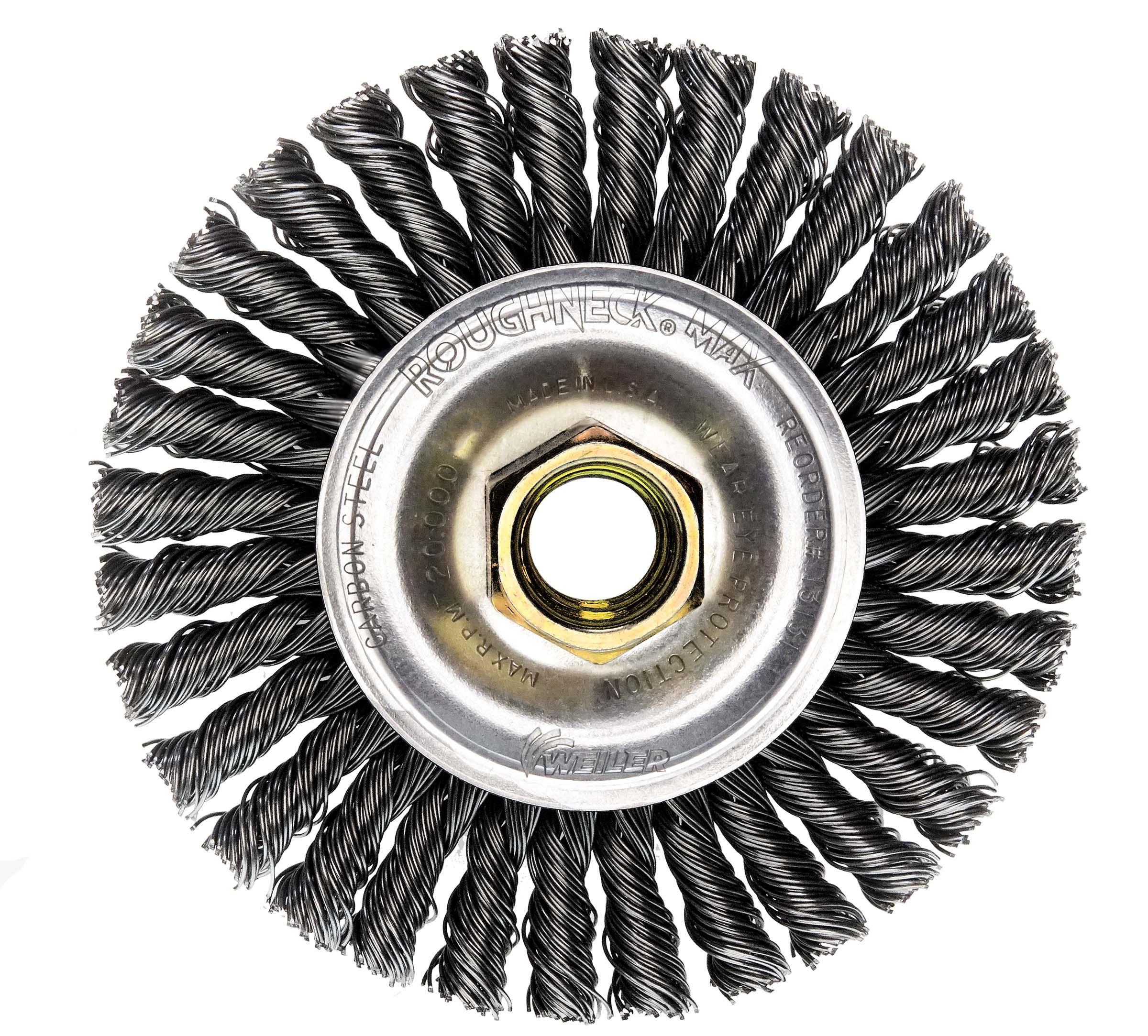 Roughneck Max 13128 Narrow Face Wheel Brush, 4 in Dia Brush, 3/16 in W Face, 0.02 in Dia Stringer Bead Knot Filament/Wire, 3/8-24 Arbor Hole
