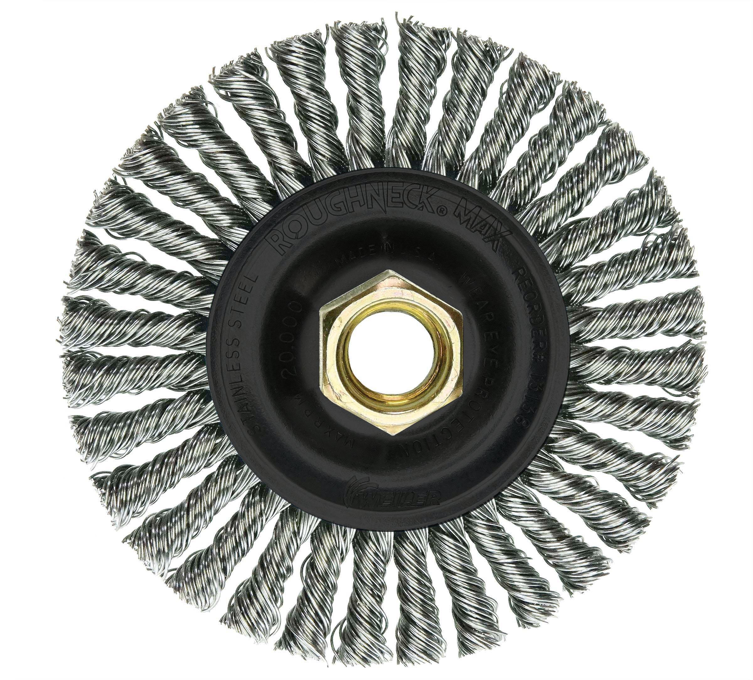 Roughneck Max 13131 Narrow Face Wheel Brush, 4 in Dia Brush, 3/16 in W Face, 0.02 in Dia Stringer Bead Knot Filament/Wire, 5/8-11 Arbor Hole
