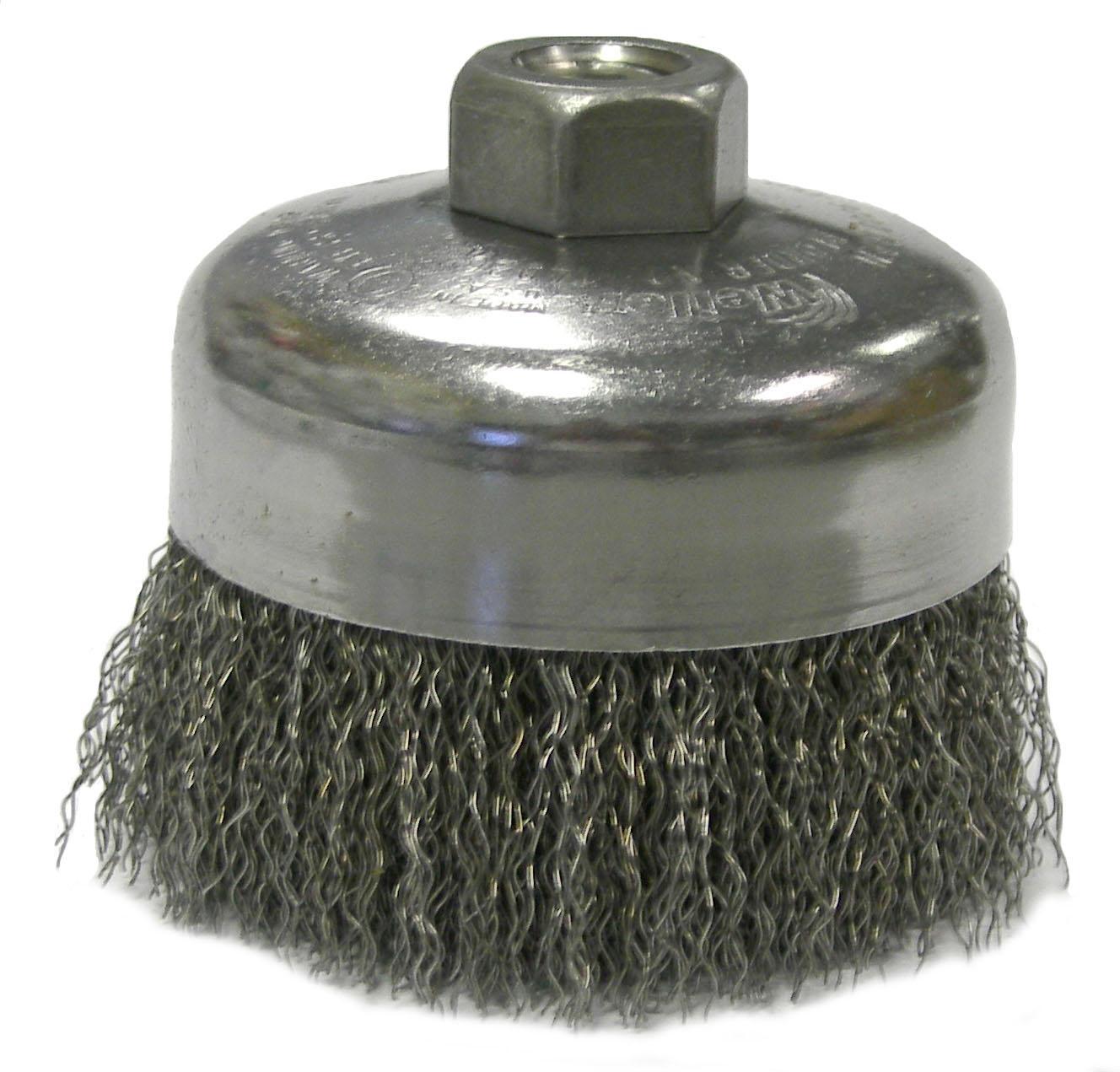 PFERD 79182523 External Nut Single Row Cup Brush, 4 in Dia Brush, 5/8-11 Arbor Hole, 0.023 in Dia Filament/Wire, Standard/Twist Knot, Carbon Steel Fill