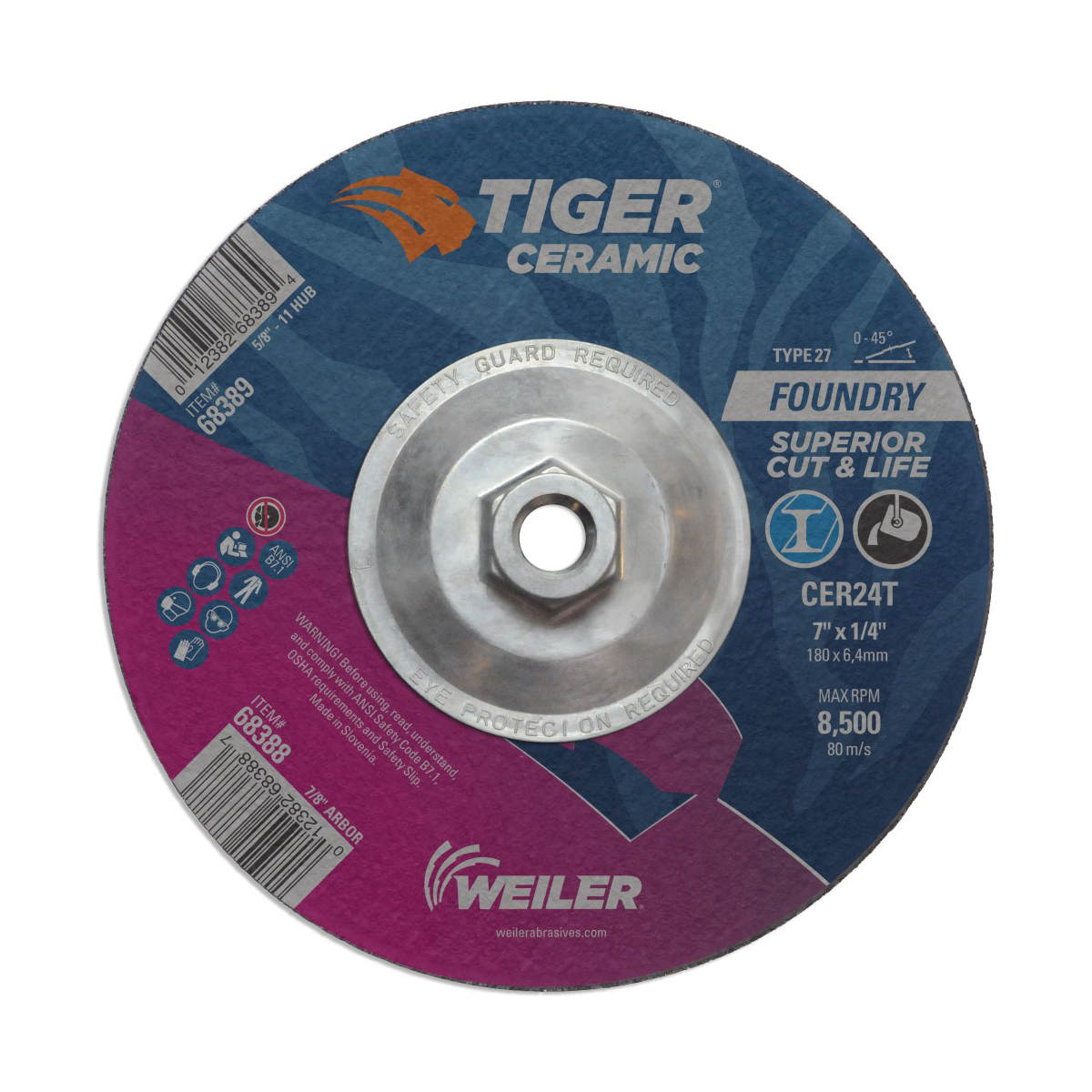 Tiger&reg; Ceramic 58322 Combination Long Life Performance Line Superior Life and Cut Depressed Center Combo Wheel, 7 in Dia 1/8 in THK, 30 Grit, Ceramic Alumina Abrasive
