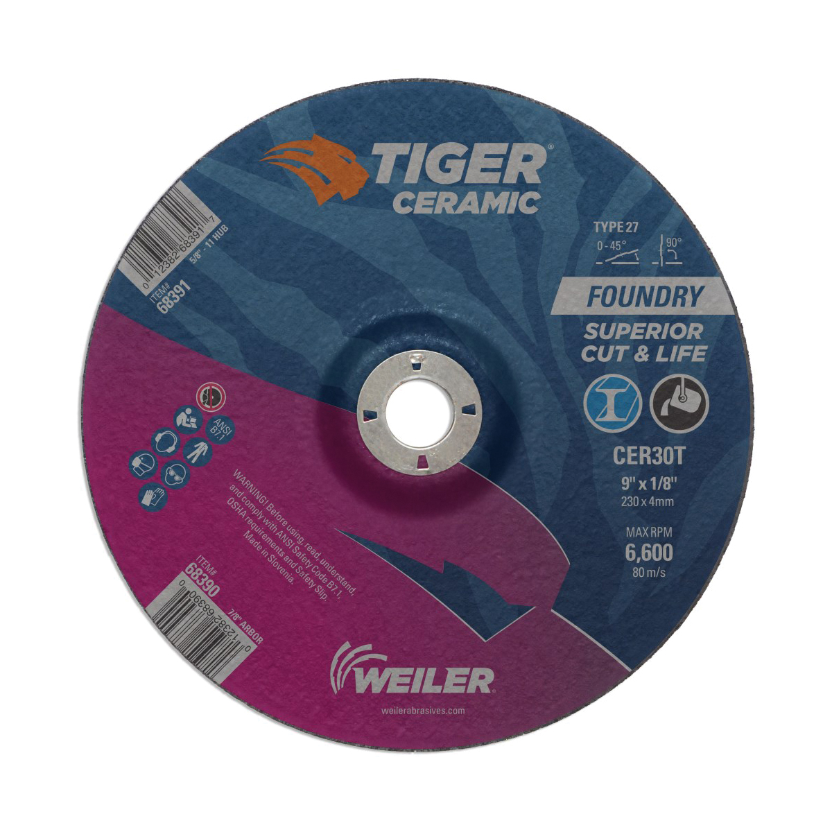 Tiger® Ceramic 50134 High Density Premium Coated Abrasive Flap Disc, 4-1/2 in Dia Disc, 60 Grit, Medium Grade, Ceramic Alumina Abrasive, Type 27 Flat Disc