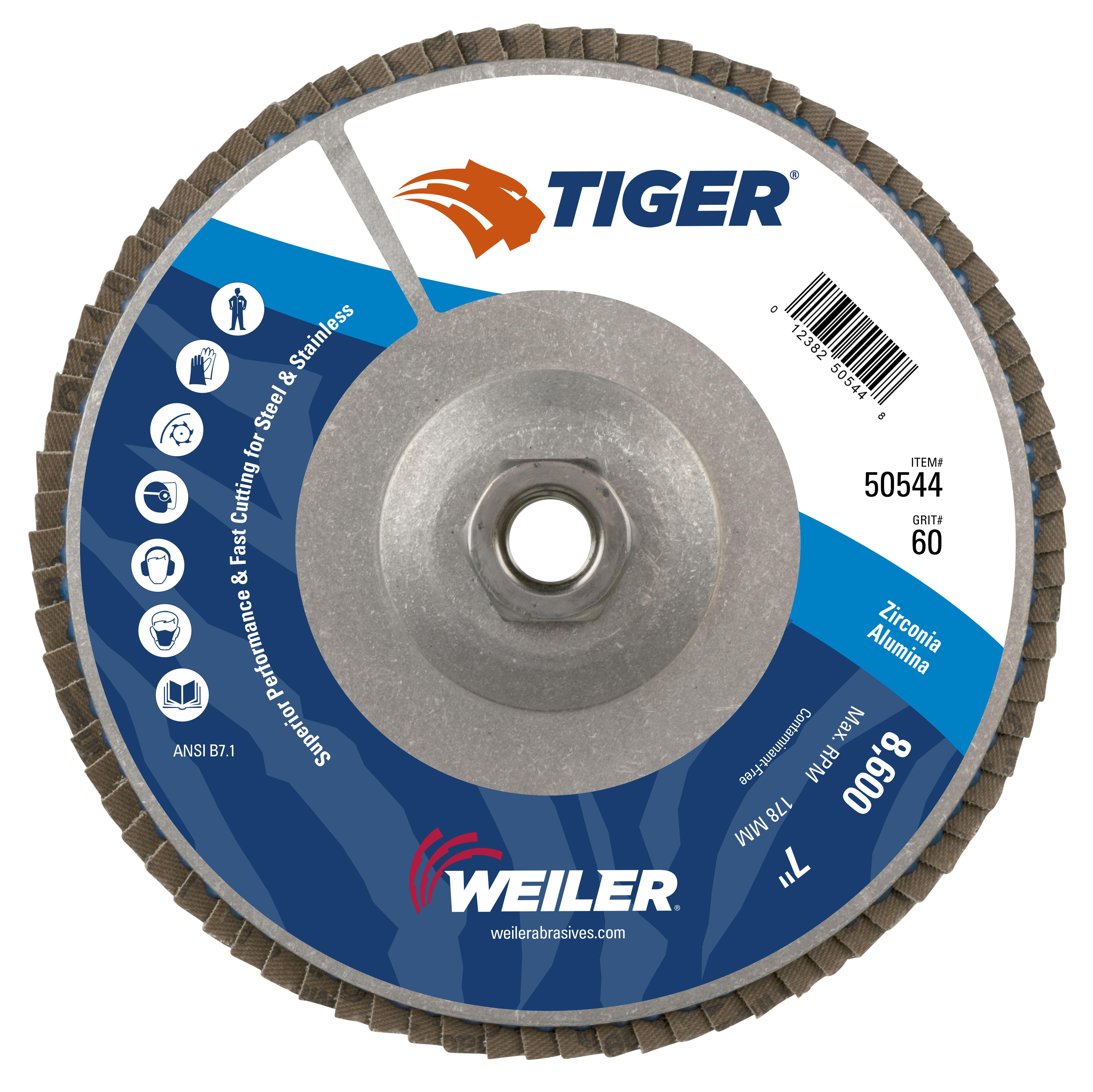 Tiger&reg; 52603 Stem Mount Coated Abrasive Flap Wheel, 1 in Dia Wheel, 1 in W Face, 1/4-20 Dia Shank, 80 Grit, Medium Grade, Aluminum Oxide Abrasive