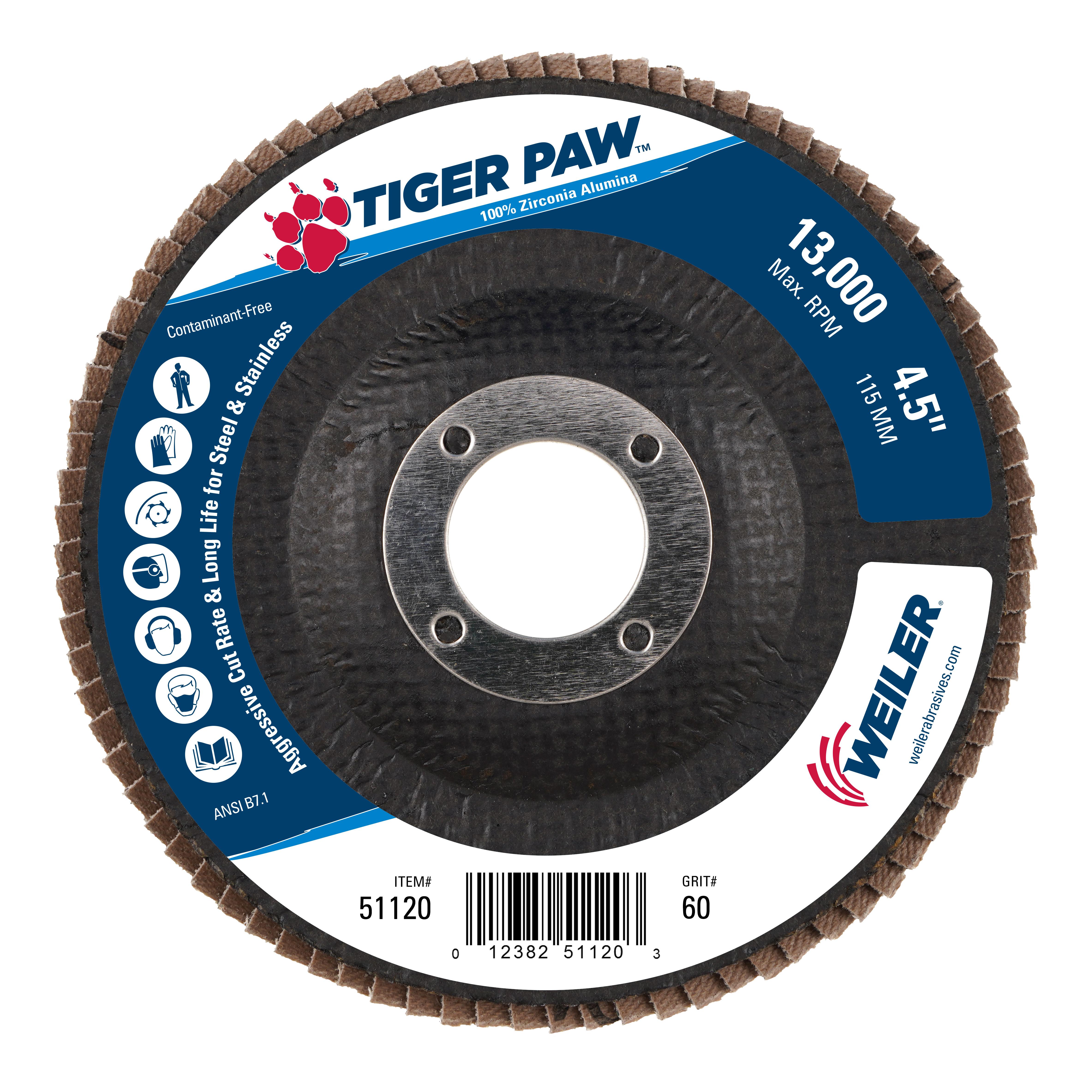 Tiger Paw&trade; 51119 High Density High Performance Coated Abrasive Flap Disc, 4-1/2 in Dia Disc, 7/8 in Center Hole, 40 Grit, Coarse Grade, Zirconia Alumina Abrasive, Type 29/Angled Disc