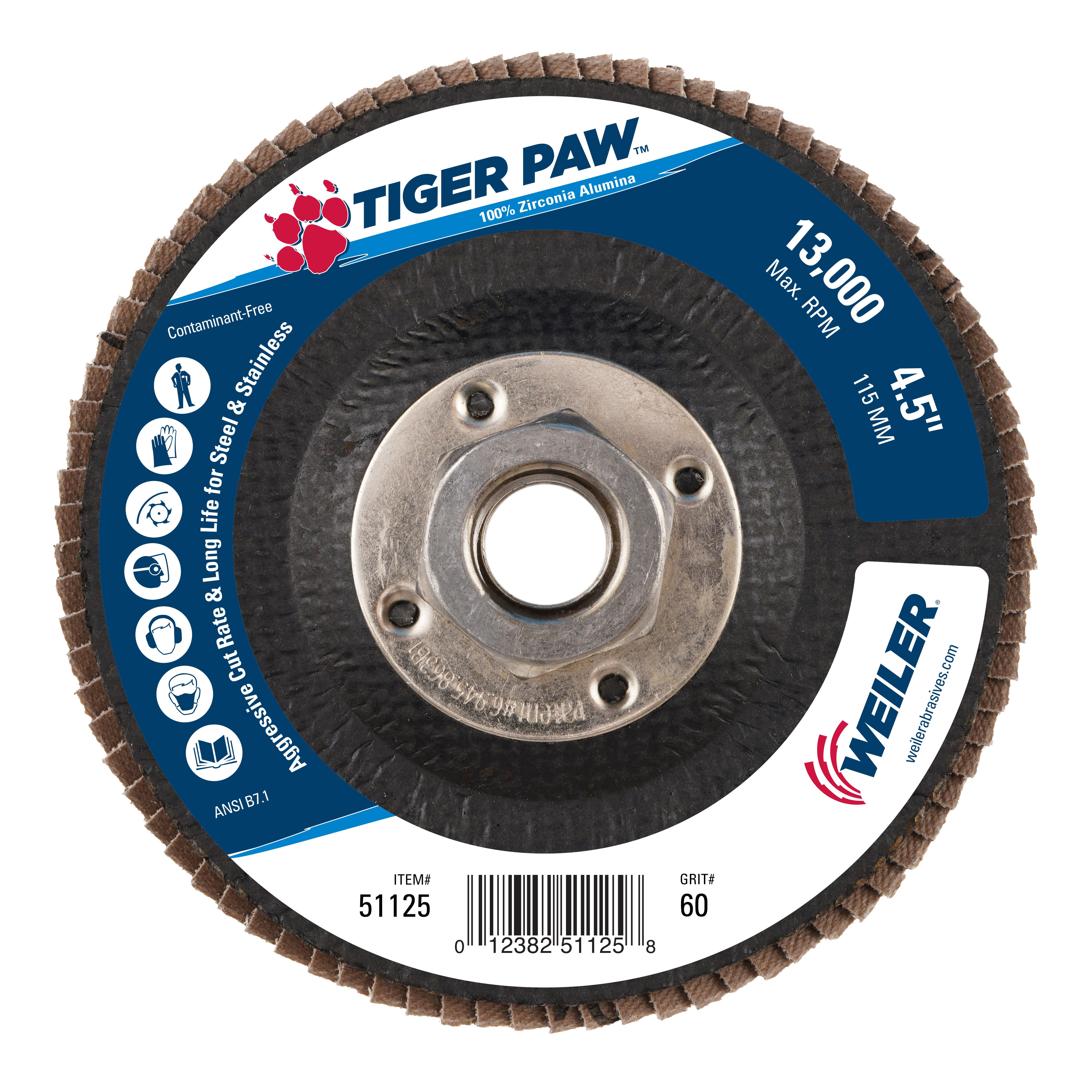 Tiger Paw&trade; 51153 High Performance Coated Abrasive Flap Disc, 5 in Dia Disc, 36 Grit, Very Coarse Grade, Zirconia Alumina Abrasive, Type 29/Angled Disc