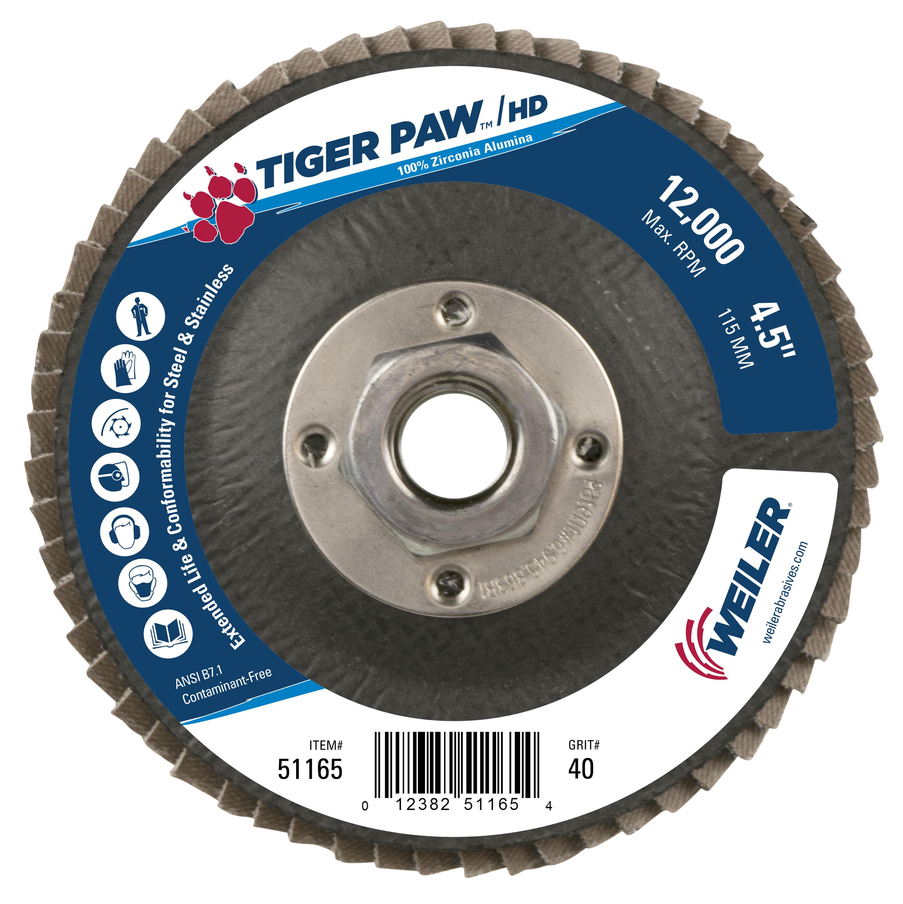 Tiger Paw&trade; 51120 High Density High Performance Coated Abrasive Flap Disc, 4-1/2 in Dia Disc, 7/8 in Center Hole, 60 Grit, Medium Grade, Zirconia Alumina Abrasive, Type 29/Angled Disc