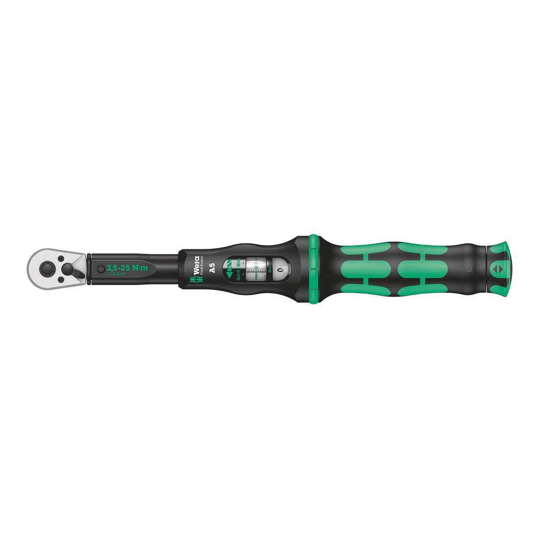 Wera&reg; 05075604001 Click-Torque A 5 Adjustable Torque Wrench, 1/4 in Drive, 2.5 to 25 N-m, Square Drive Reversible Ratchet/Teardrop Head, 0.1 N-m Graduation, 11-27/64 in OAL, DIN EN ISO 6789-1:2017-07