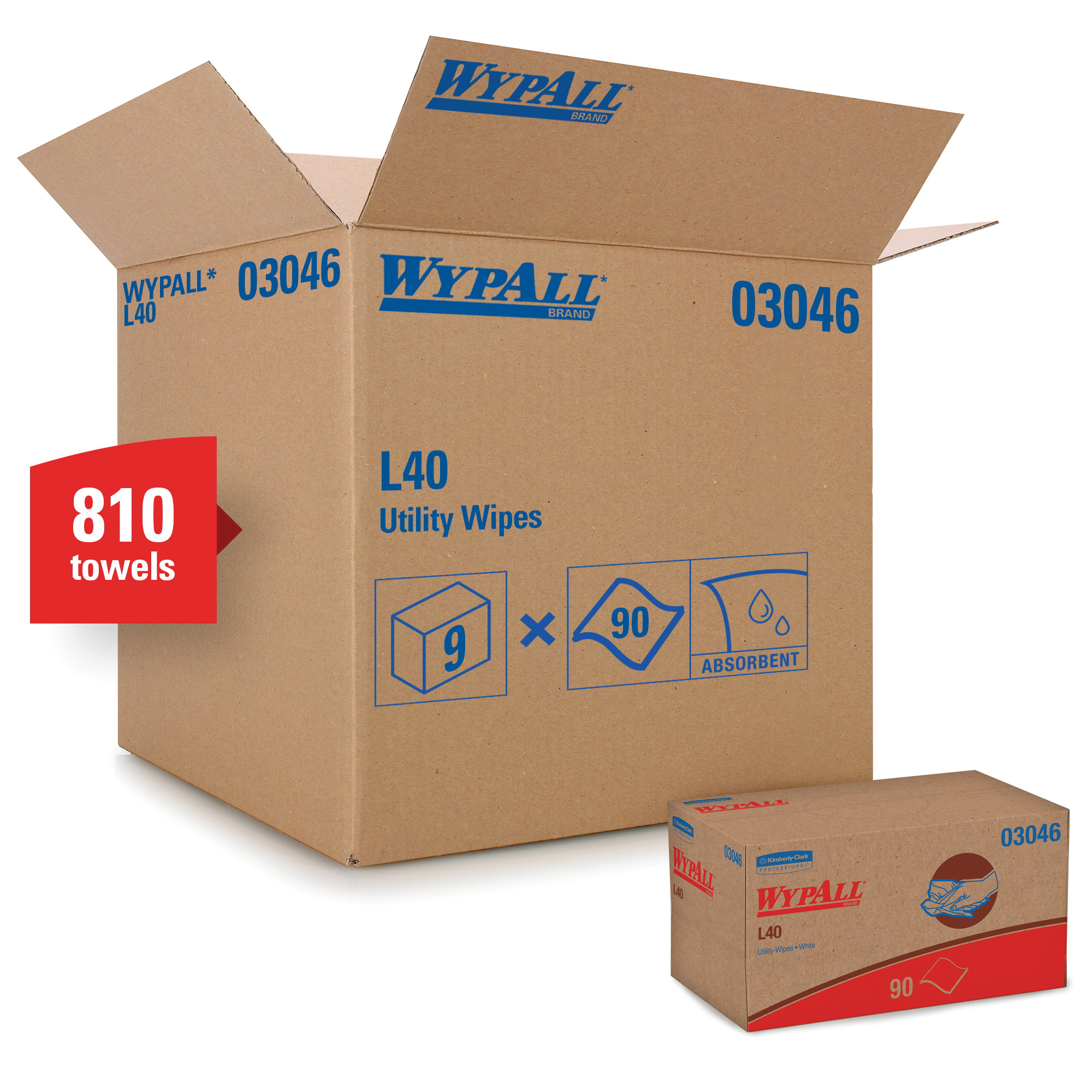 WypAll* 03046 L40 America's Favorite General Purpose Disposable Wiper, 10.8 x 10 in, 90 Wipes Capacity, Double Re-Creped, White