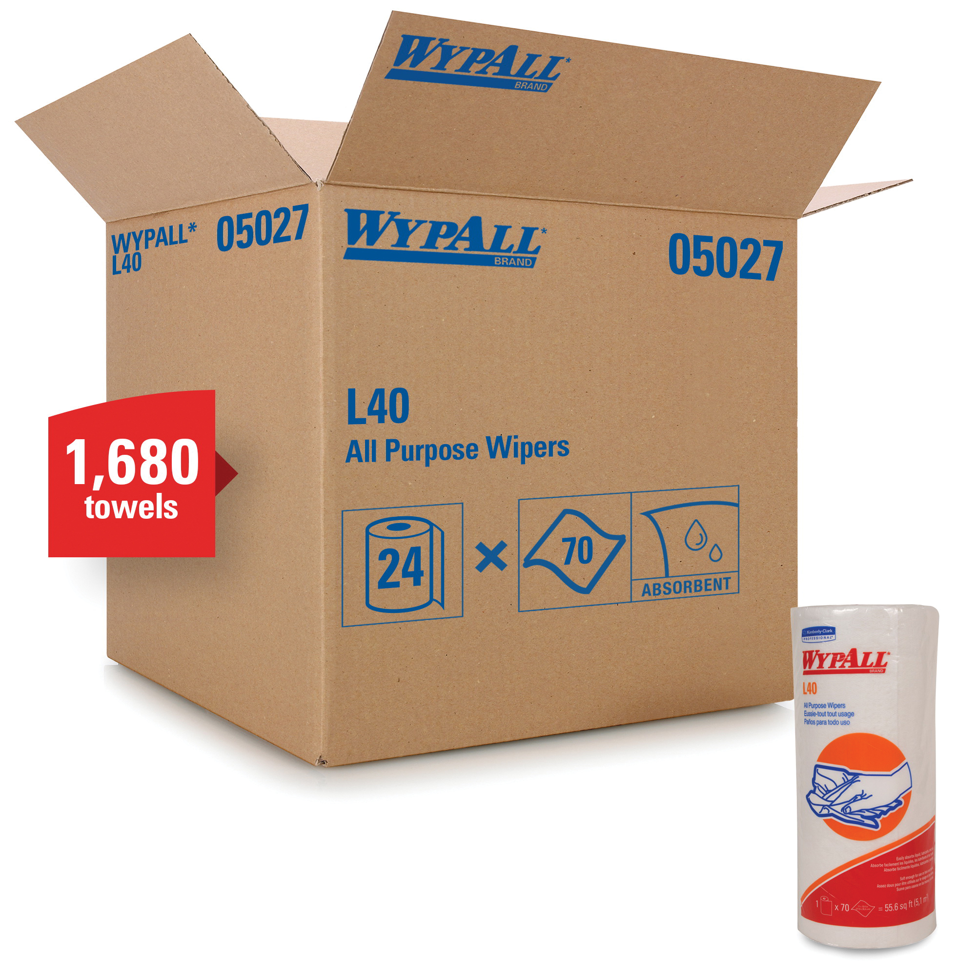 WypAll* 05007 L40 America's Favorite General Purpose Wiper, 13.4 x 12.5 in, 750 Sheets Capacity, Double Re-Creped, White