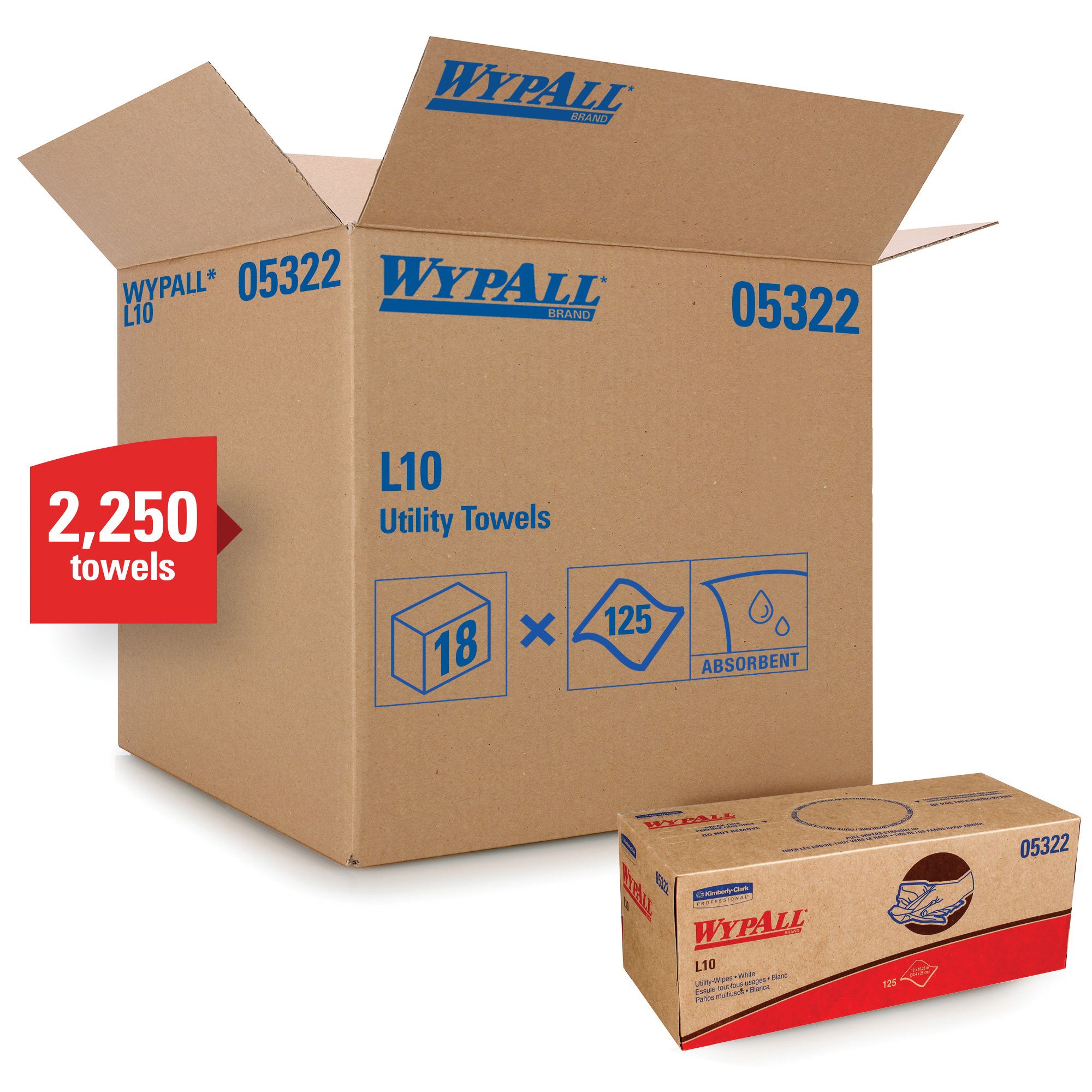 WypAll* 05322 L10 Utility Wipes, 10-1/4 x 12 in, 125 Sheets Capacity, Paper, White