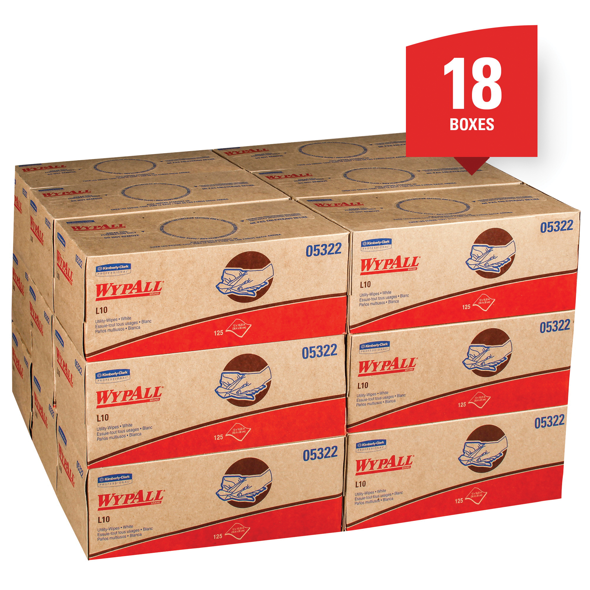 WypAll* 05322 L10 Utility Wipes, 10-1/4 x 12 in, 125 Sheets Capacity, Paper, White