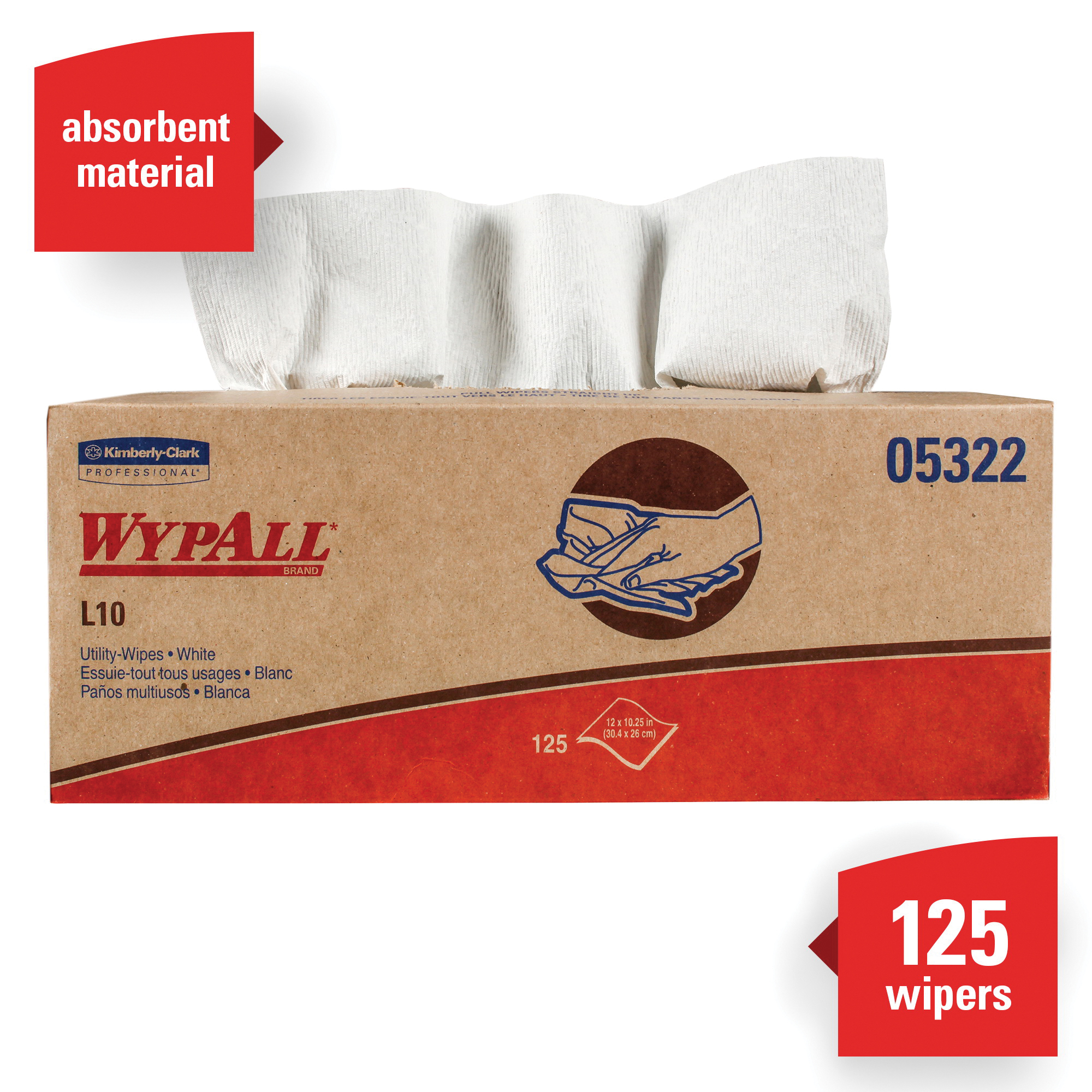 WypAll* 05322 L10 Utility Wipes, 10-1/4 x 12 in, 125 Sheets Capacity, Paper, White
