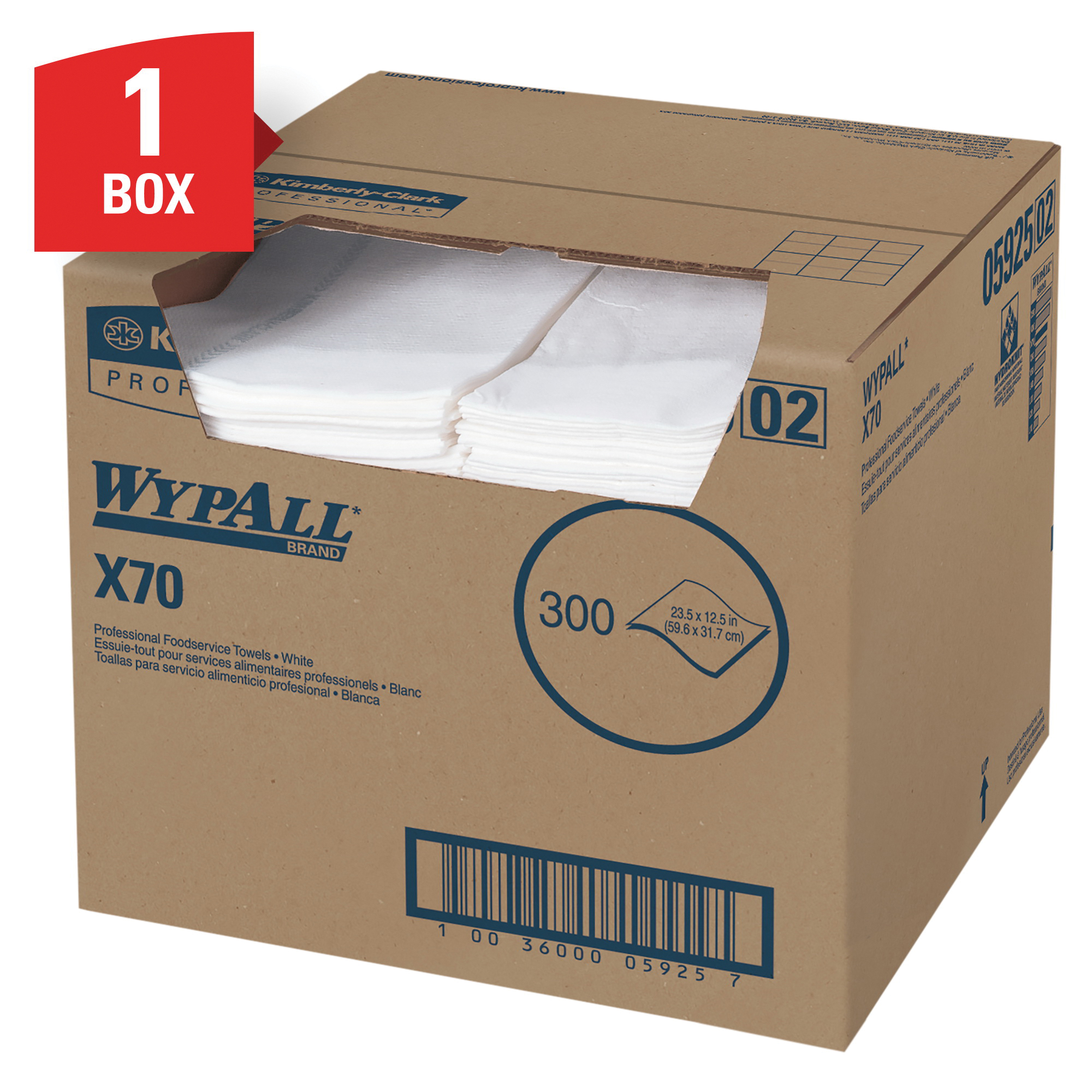 WypAll* 05925 X70 Foodservice Towel, 23-1/2 x 12-1/2 in, 300 Sheets Capacity, Hydroknit* with Blue Stripe, White
