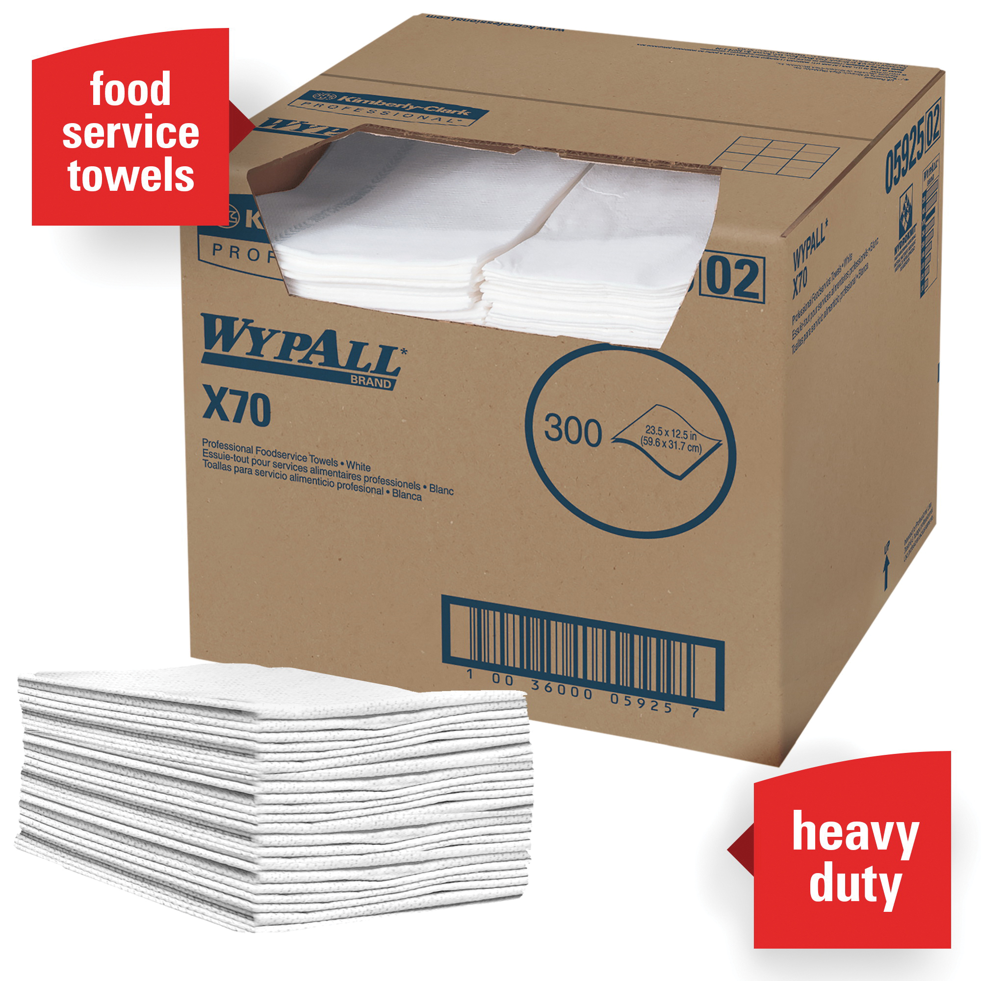 WypAll* 05925 X70 Foodservice Towel, 23-1/2 x 12-1/2 in, 300 Sheets Capacity, Hydroknit* with Blue Stripe, White