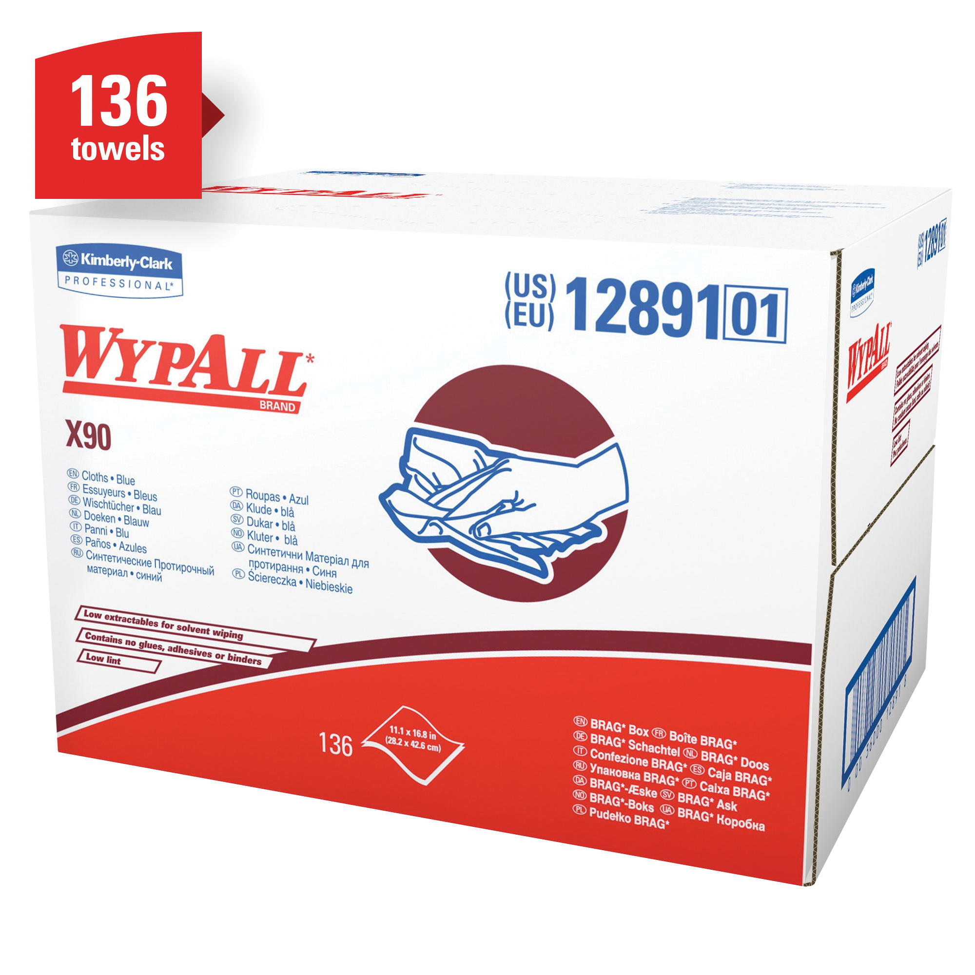 WypAll* 12891 X90 Low Lint Cleaning Cloth, 16.8 x 11.1 in, 136 Sheets Capacity, Hydroknit*, Denim Blue