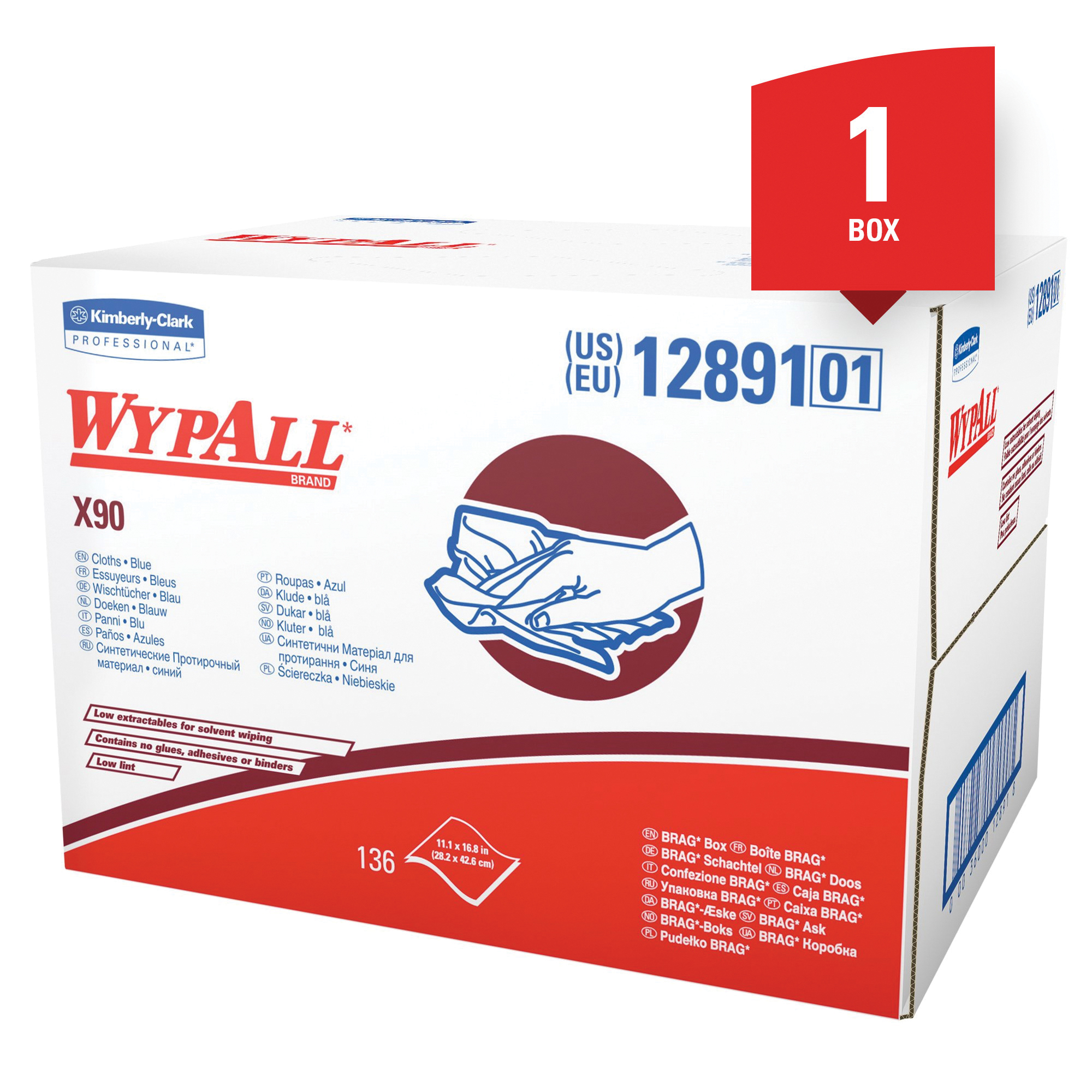 WypAll* 12891 X90 Low Lint Cleaning Cloth, 16.8 x 11.1 in, 136 Sheets Capacity, Hydroknit*, Denim Blue
