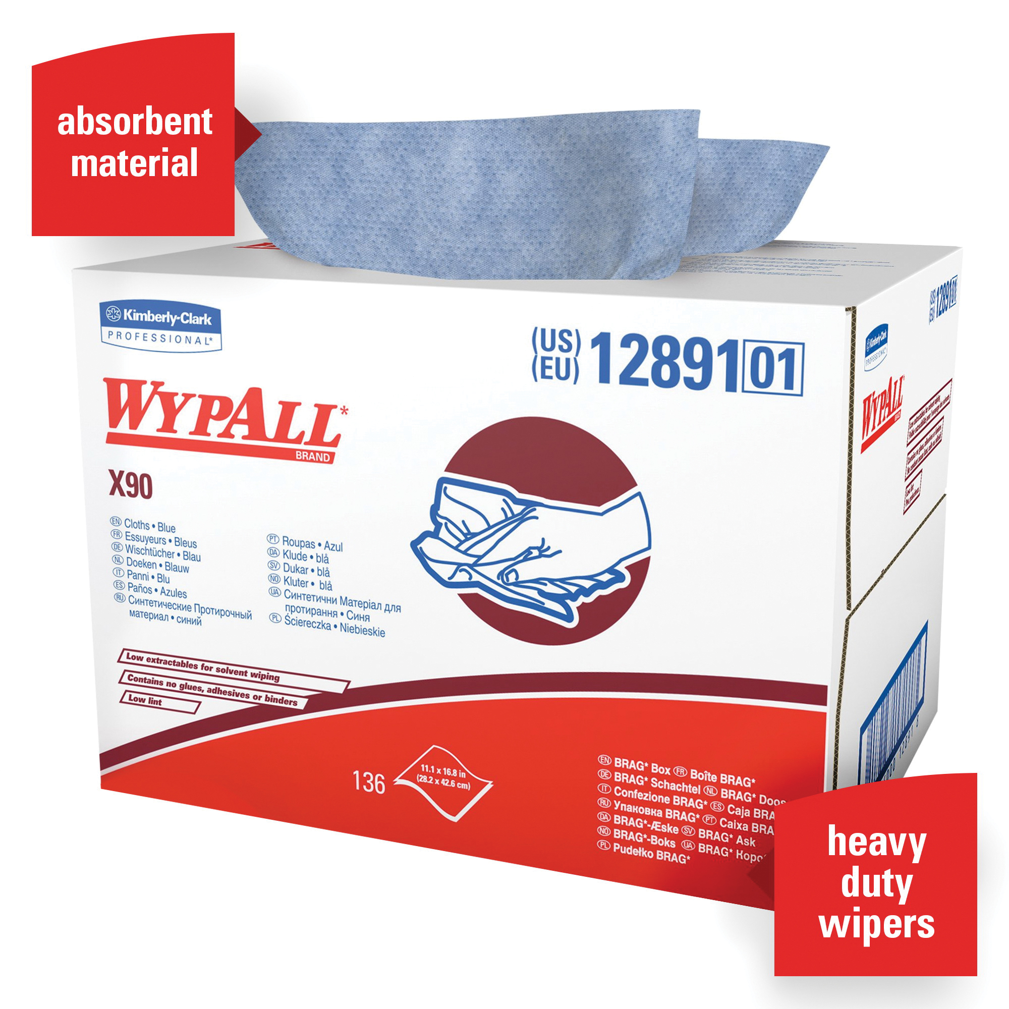 WypAll* 12891 X90 Low Lint Cleaning Cloth, 16.8 x 11.1 in, 136 Sheets Capacity, Hydroknit*, Denim Blue