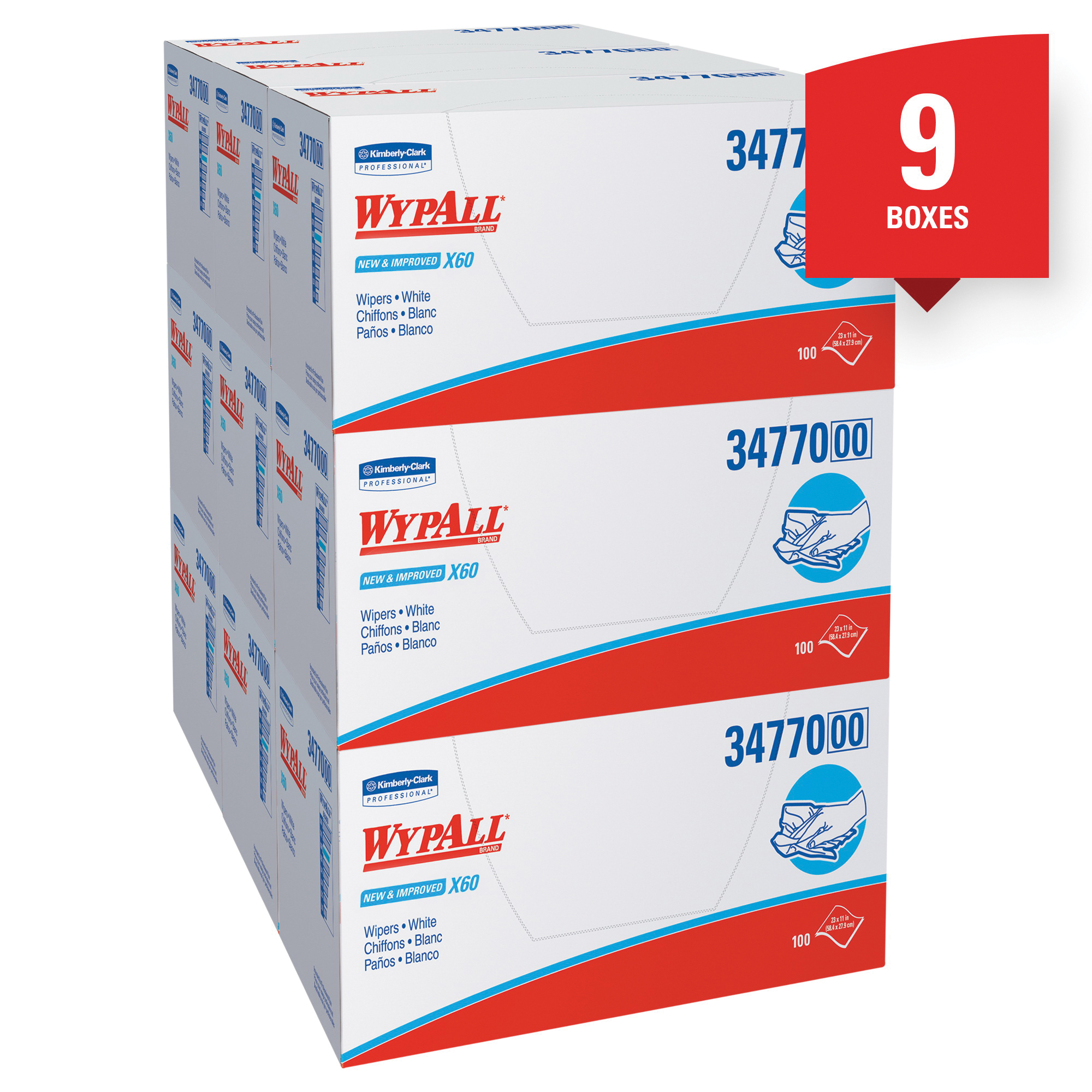 WypAll* 34770 X60 Lightweight General Purpose Wiper, 23 x 11 in, 100 Sheets Capacity, Hydroknit*, White