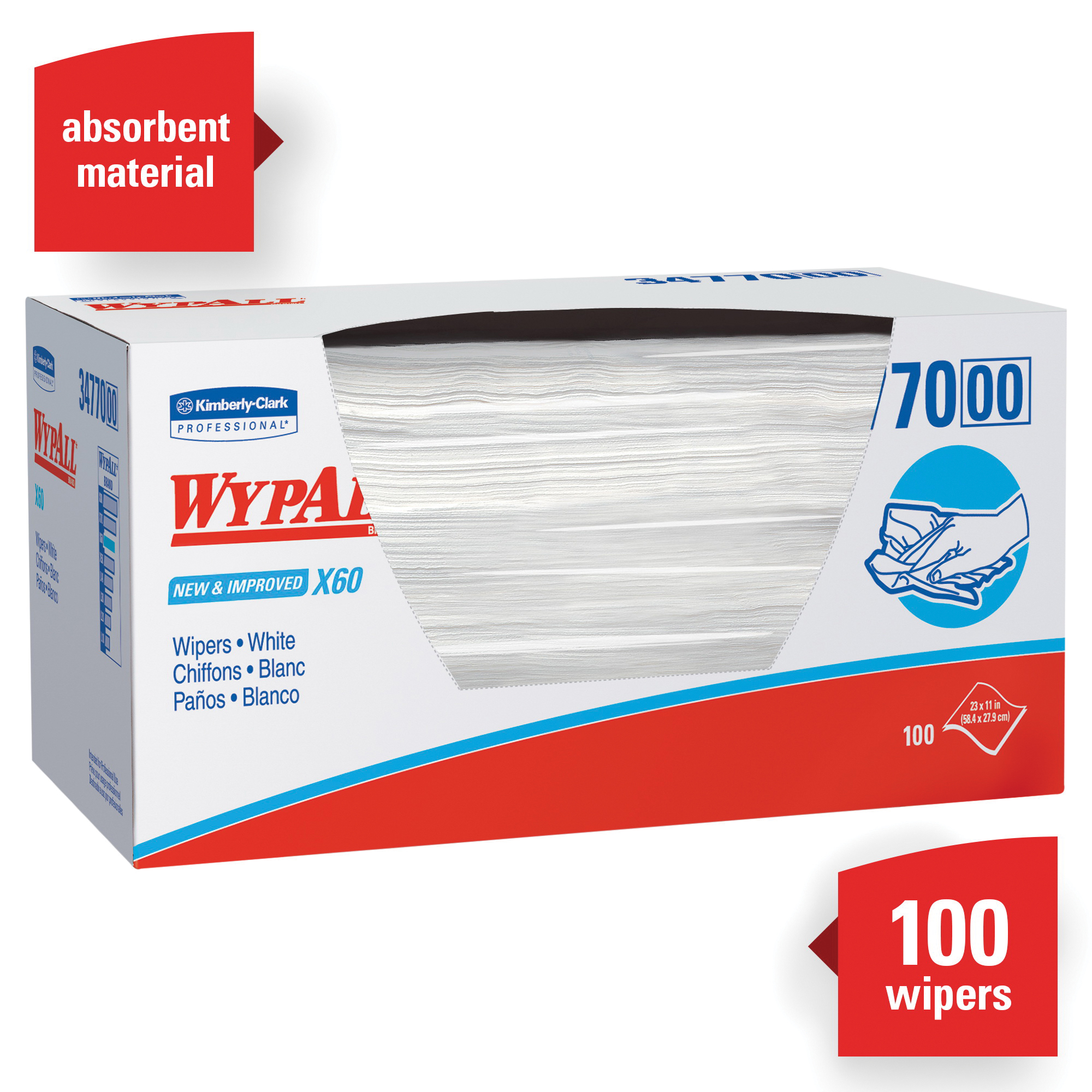 WypAll* 34770 X60 Lightweight General Purpose Wiper, 23 x 11 in, 100 Sheets Capacity, Hydroknit*, White
