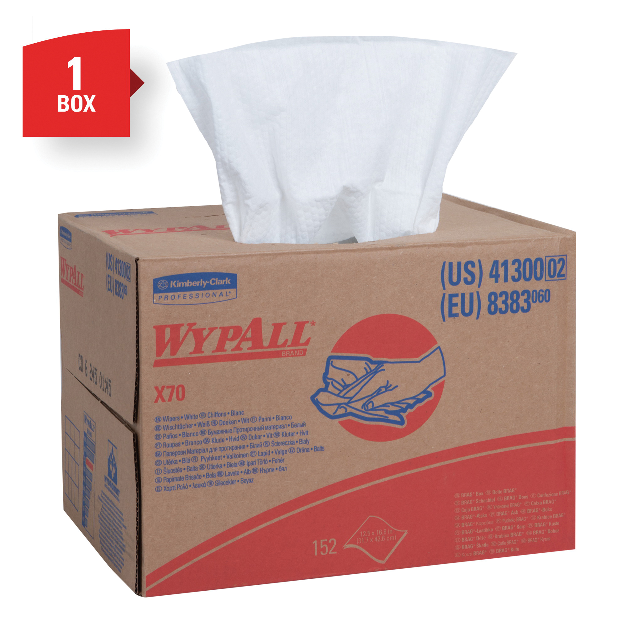 WypAll* 41300 X70 Heavy Duty Industrial Disposable Wiper, 152 Wipes, Hydroknit*, White